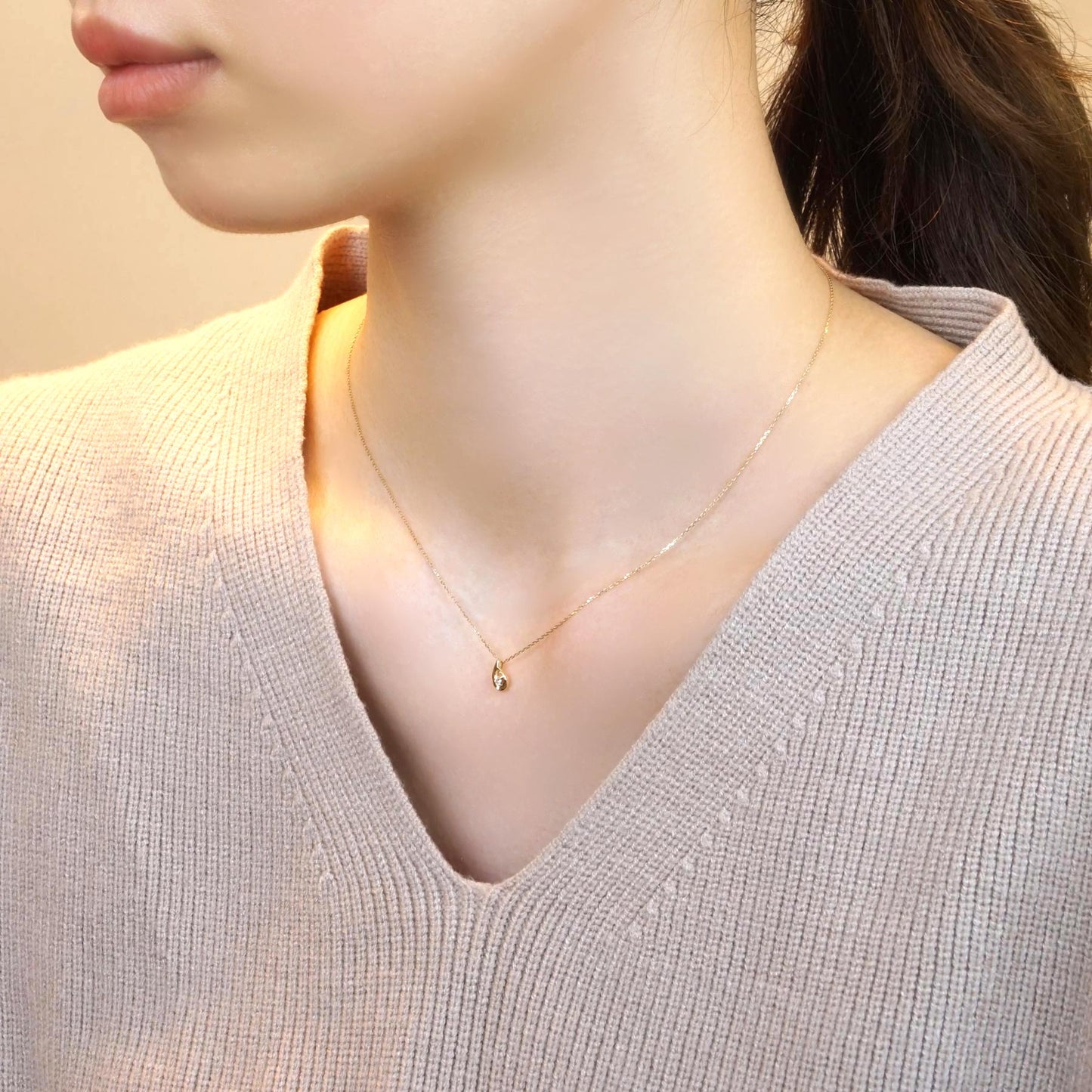 Diamond Drop Petite Necklace (10K Yellow Gold) - Model Image