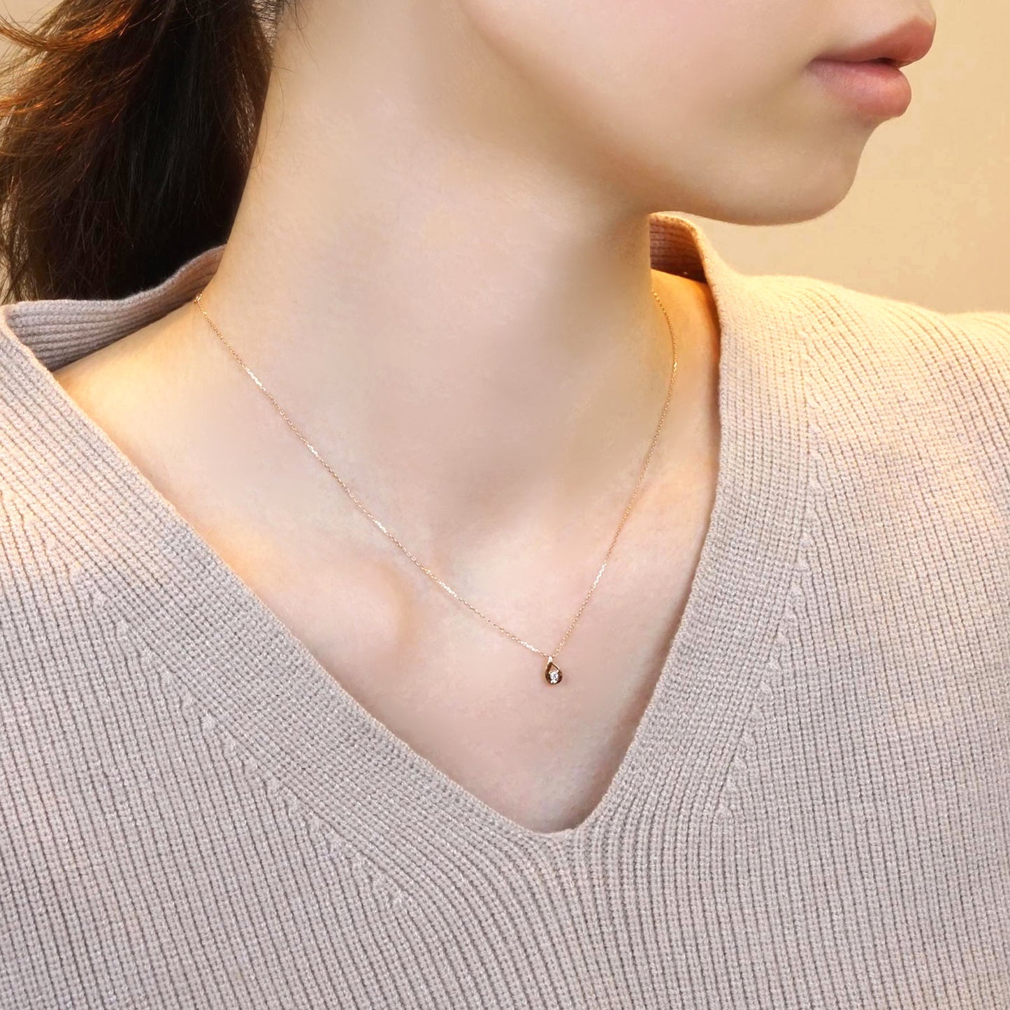 Diamond Drop Petite Necklace (10K Rose Gold) - Model Image