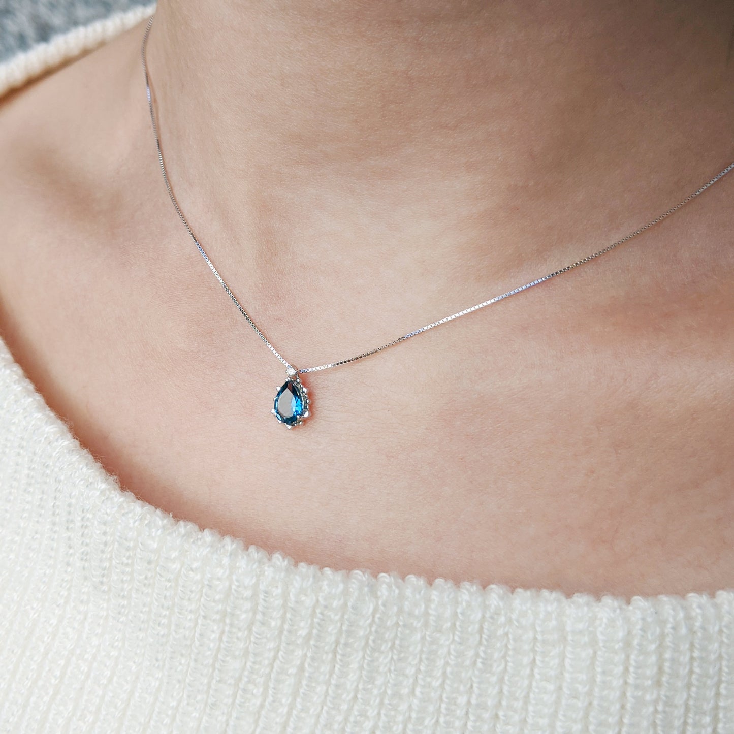London Blue Topaz Drop Necklace (White Gold) - Model Image