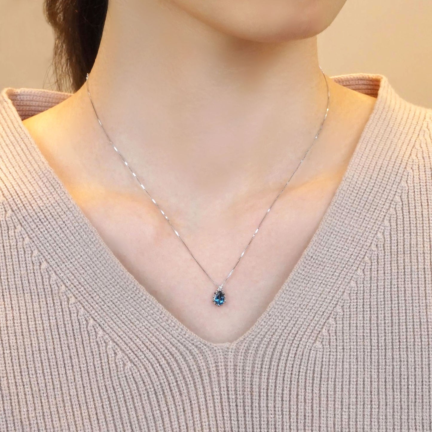 London Blue Topaz Drop Necklace (White Gold) - Model Image