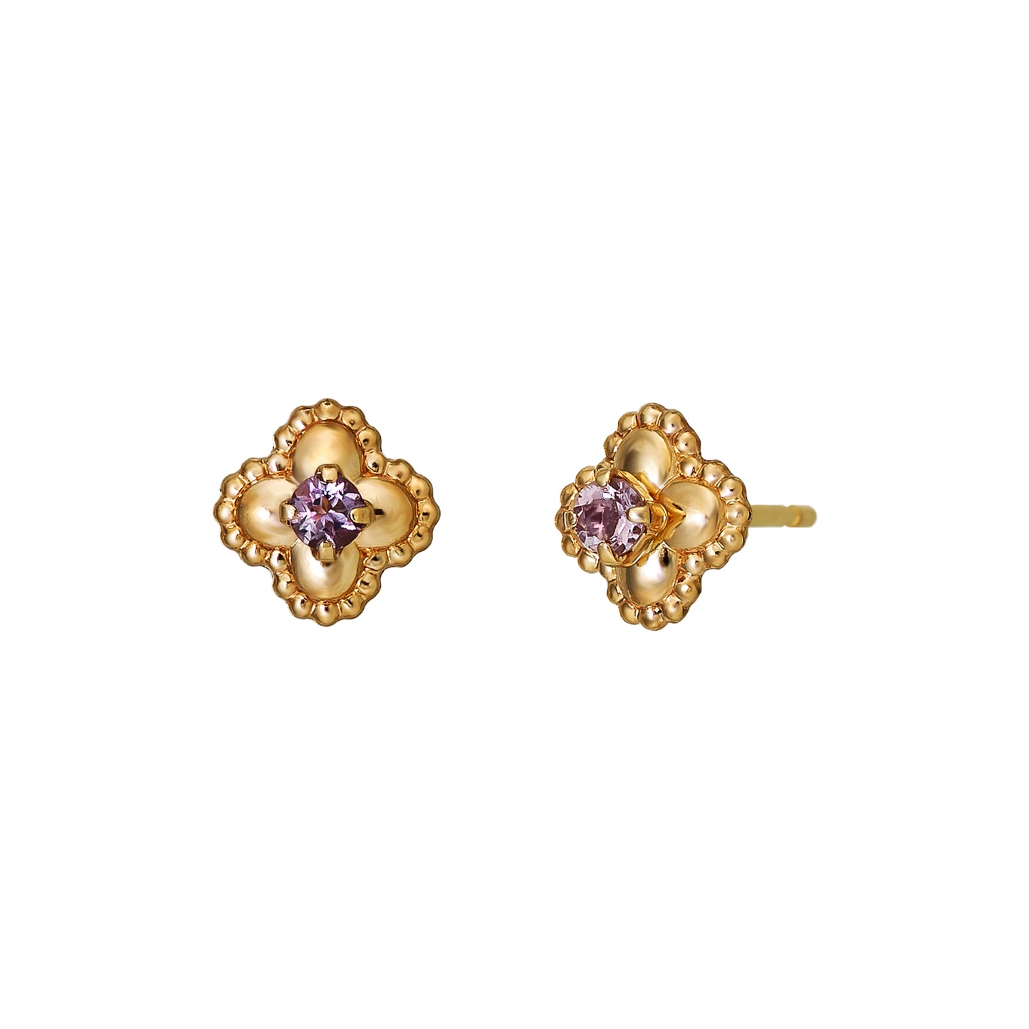 18K/10K Light Amethyst Milgrain Flower Stud Earrings (Yellow Gold) - Product Image