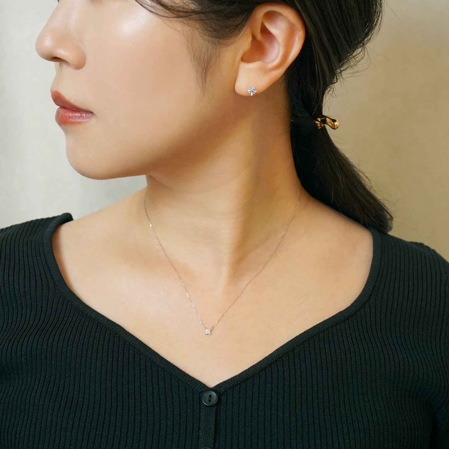 10K Diamond Mini Flower Necklace (White Gold) - Model Image