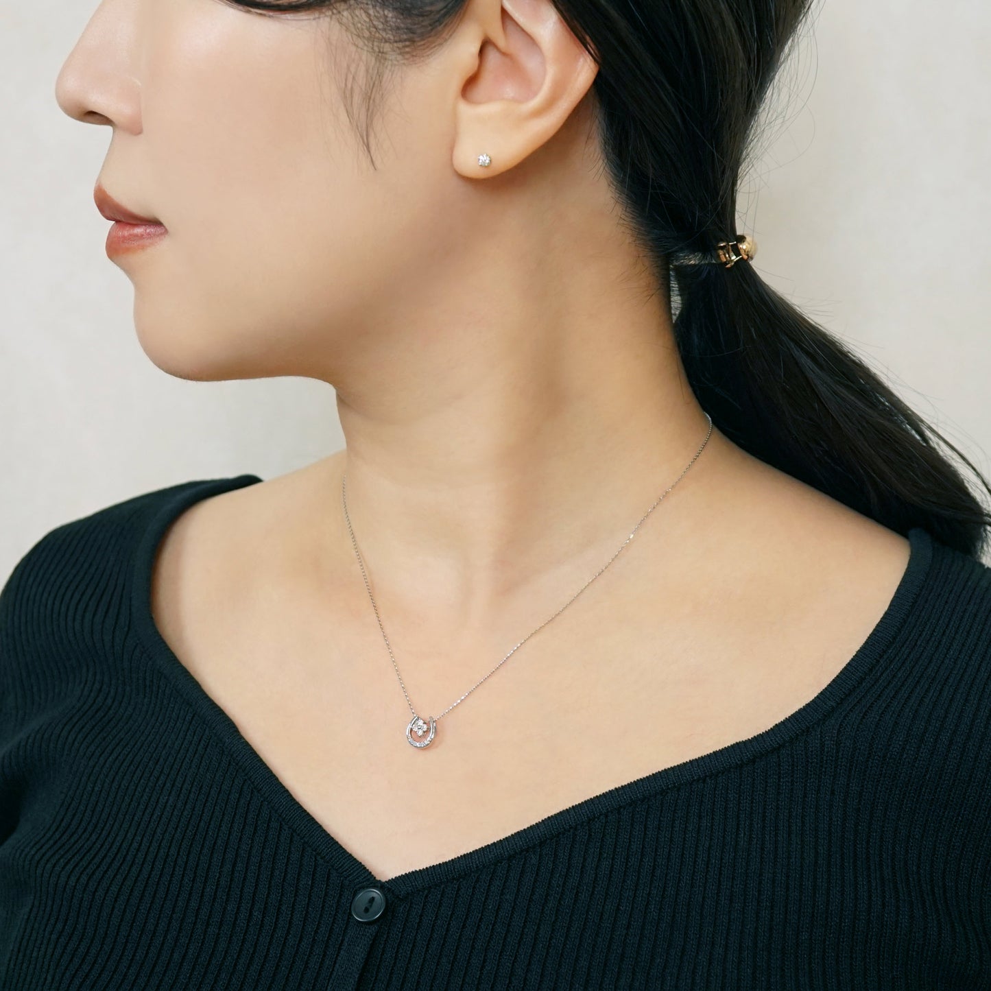 Platinum Diamond "Double Happiness" Necklace - 45th Anniversary Model - - Model Image