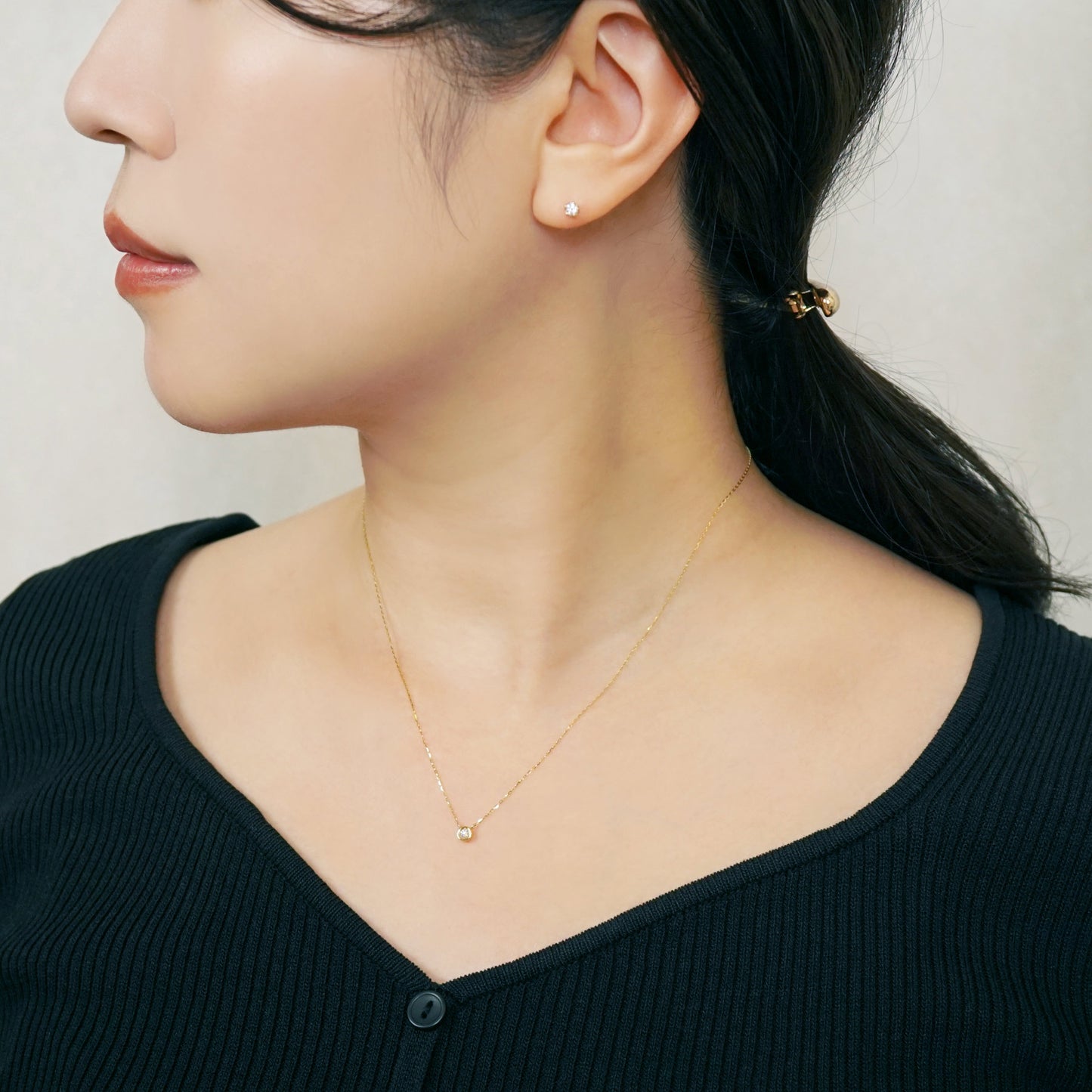 18K Diamond Bezel Design Solitaire Necklace (Yellow Gold) - Model Image