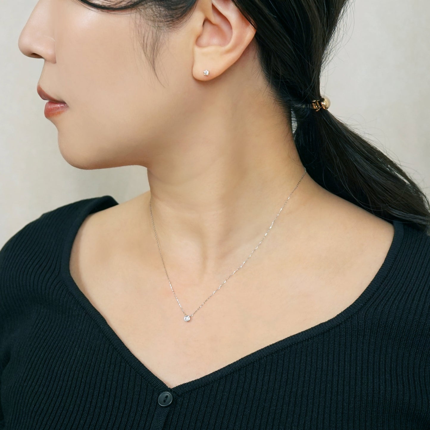 Platinum Diamond Bezel Design Solitaire Necklace - Model Image