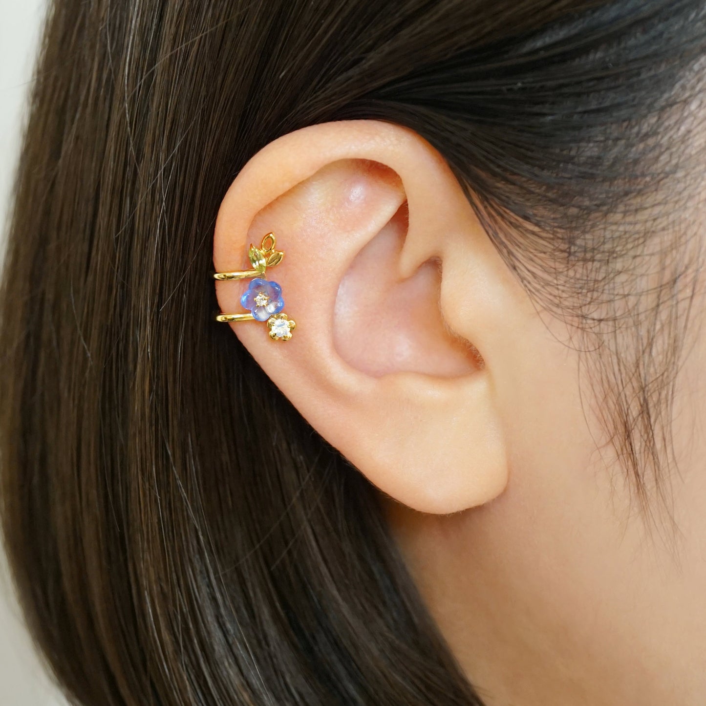 925 Sterling Silver Blue Quartz Nemophila Ear Cuff - Model Image