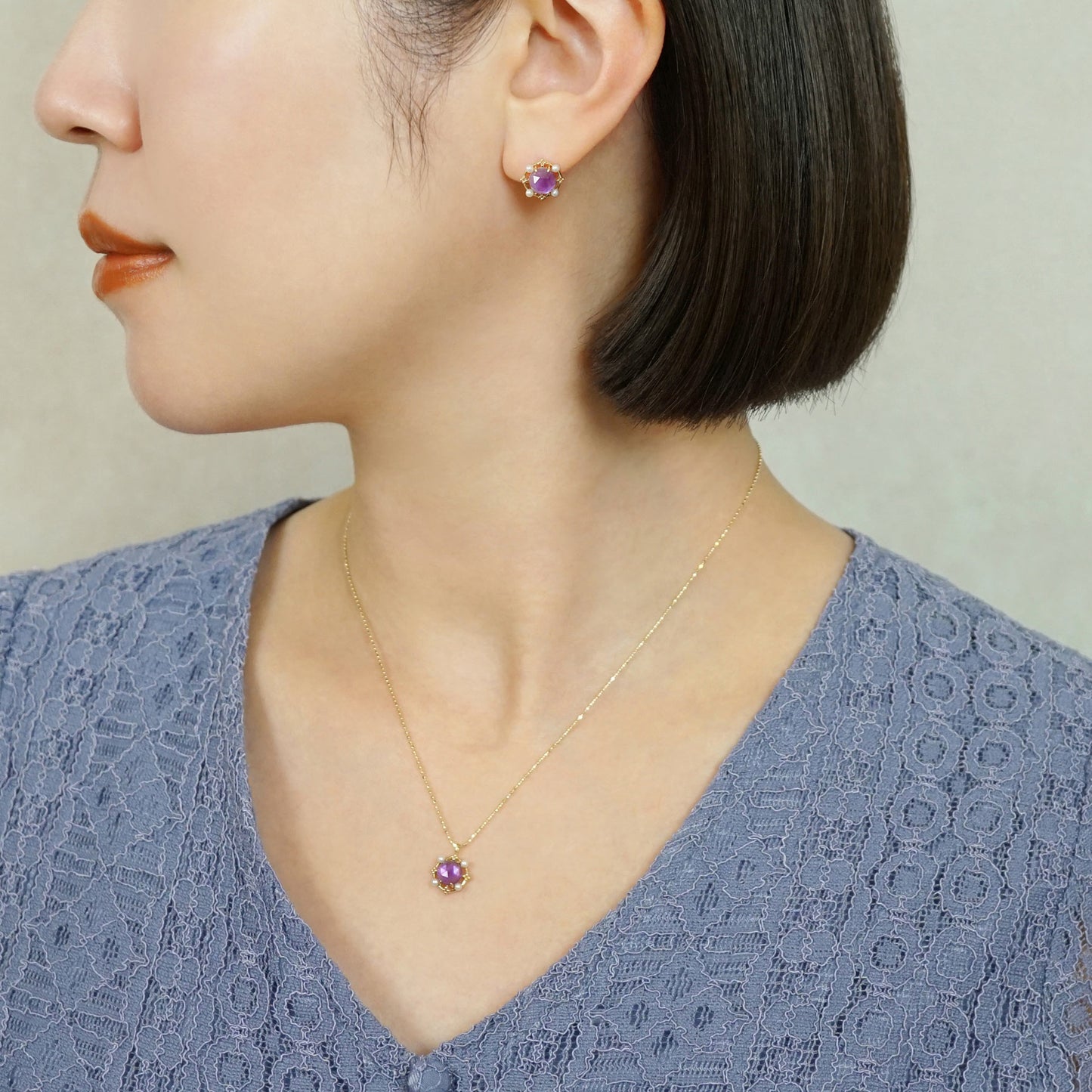 18K/10K Amethyst x Pink Shell Earrings (Yellow Gold) - Model Image