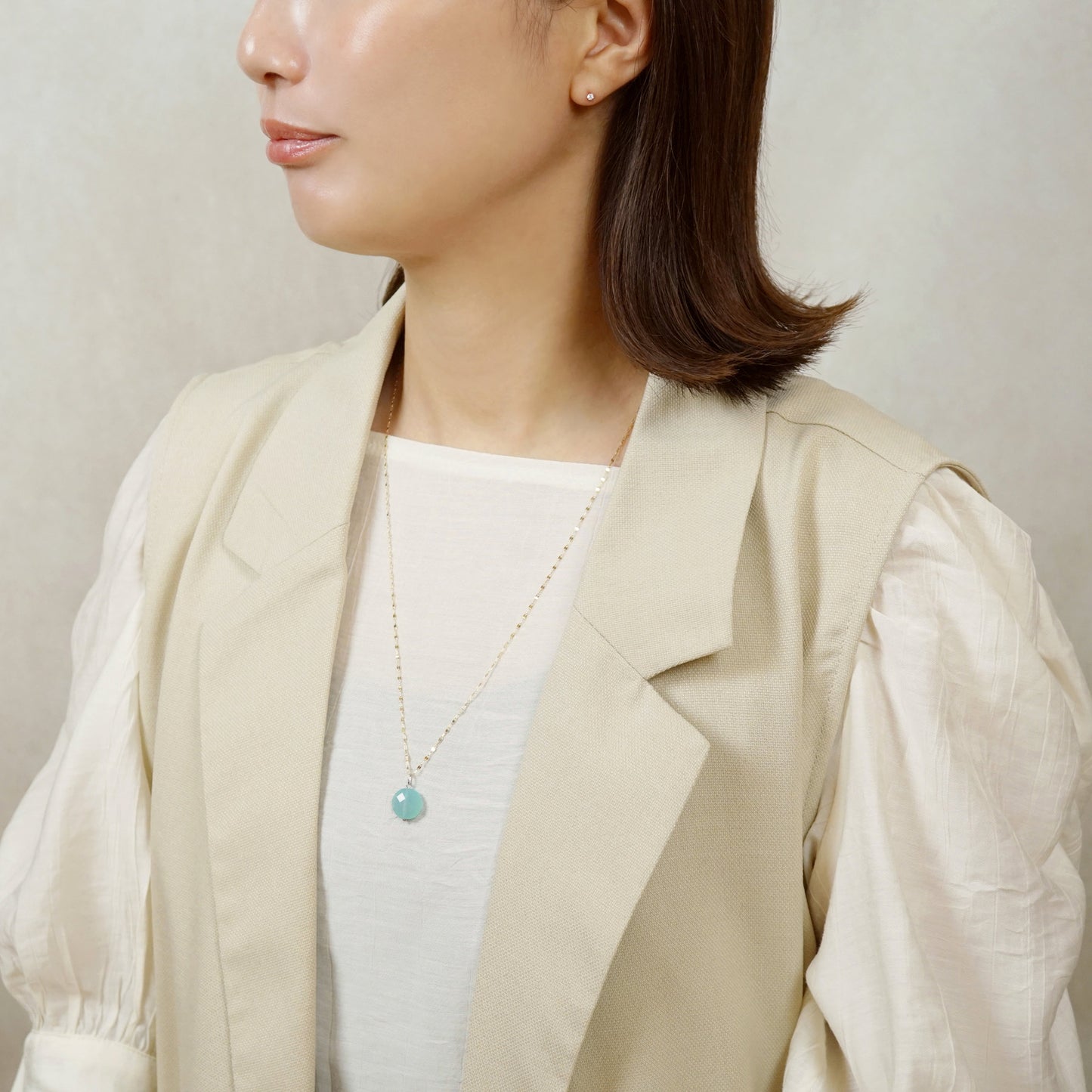 10K Sea Blue Chalcedony Necklace Charm (White Gold) - Model Image