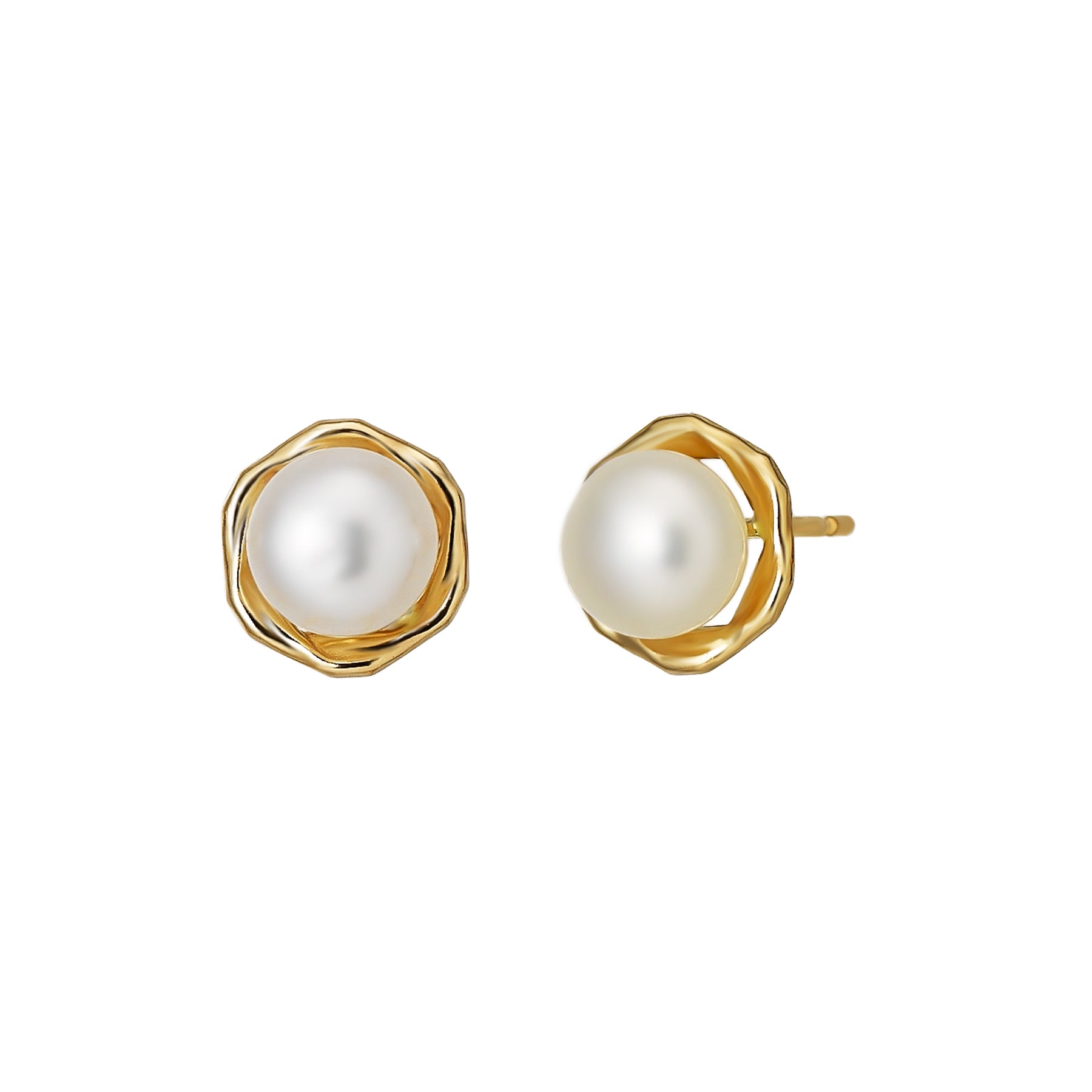18K/10K Freshwater Pearl Circle Stud Earrings (Yellow Gold)