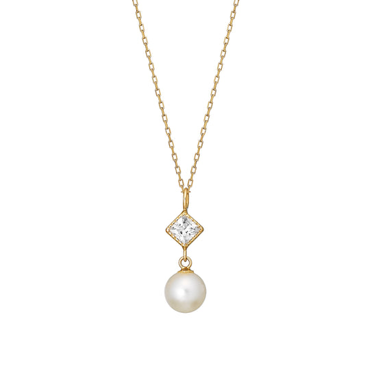 10K Yellow Gold Freshwater Pearl Milgrain Square Necklace - Product Image