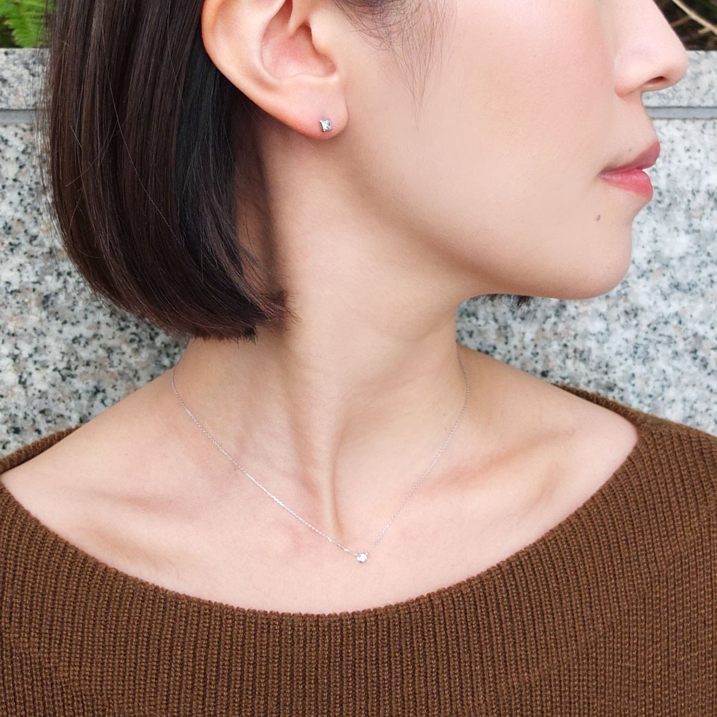 Fiolette Setting Single Diamond Necklace 0.07ct (10K White Gold) - Model Image