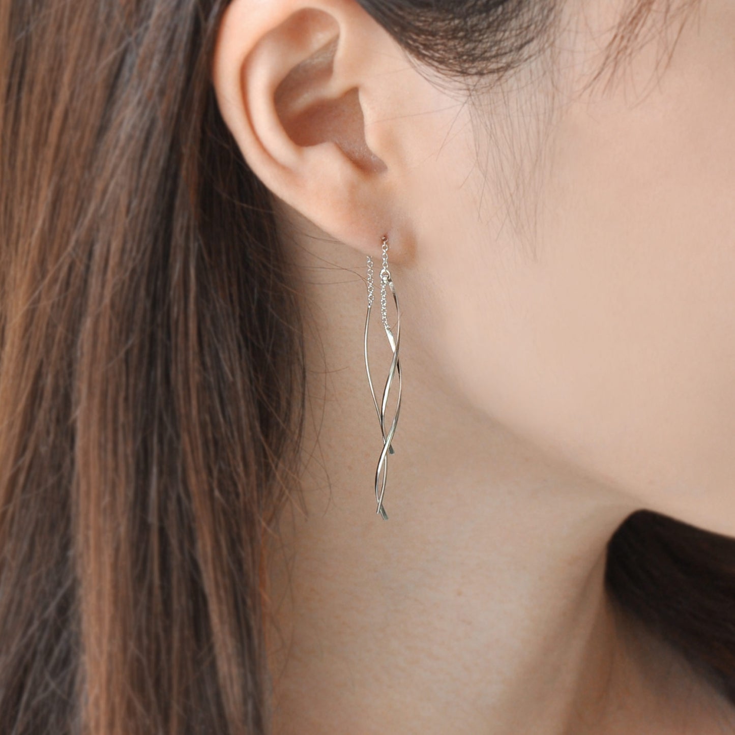 Gold Filled Wave Line Threader Earrings (Platinum Plated) - Model Image