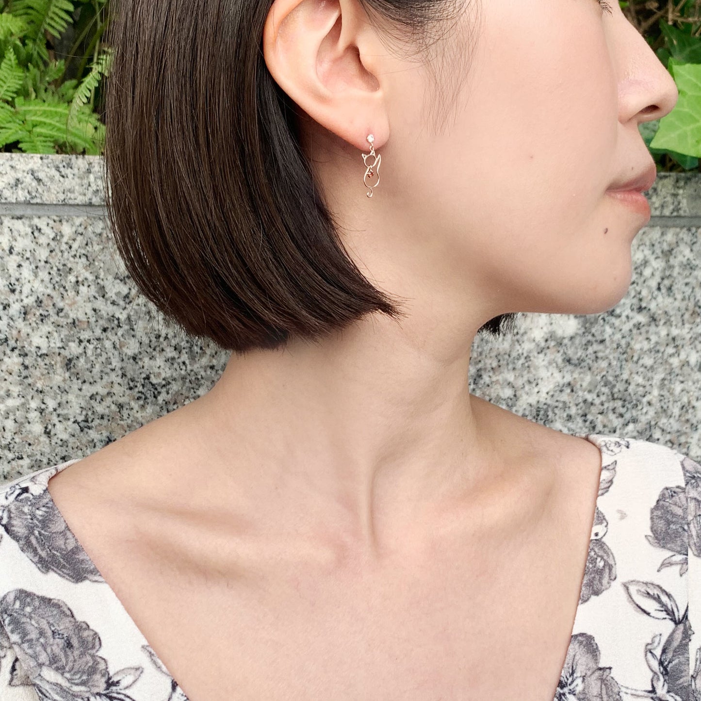 18K / 10K Rose Gold Garnet Cat Swinging Earrings - Model Image