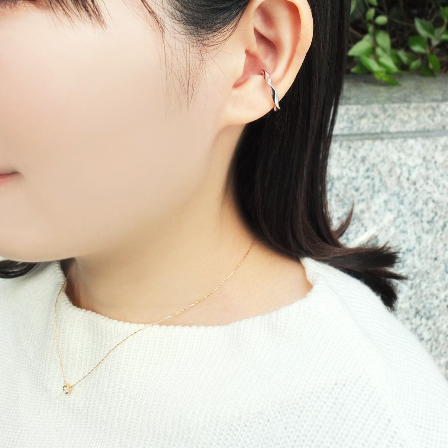 925 Sterling Silver Wave Ear Cuff (Rhodium Plated) - Model Image