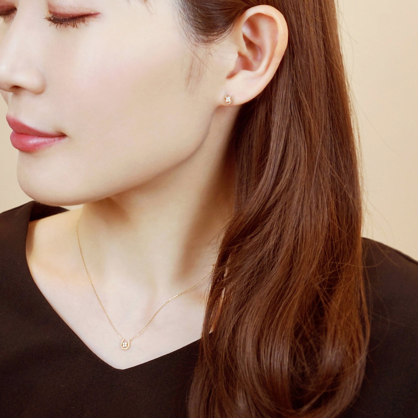 10K Yellow Gold Diamond Double Happiness Earrings - Model Image