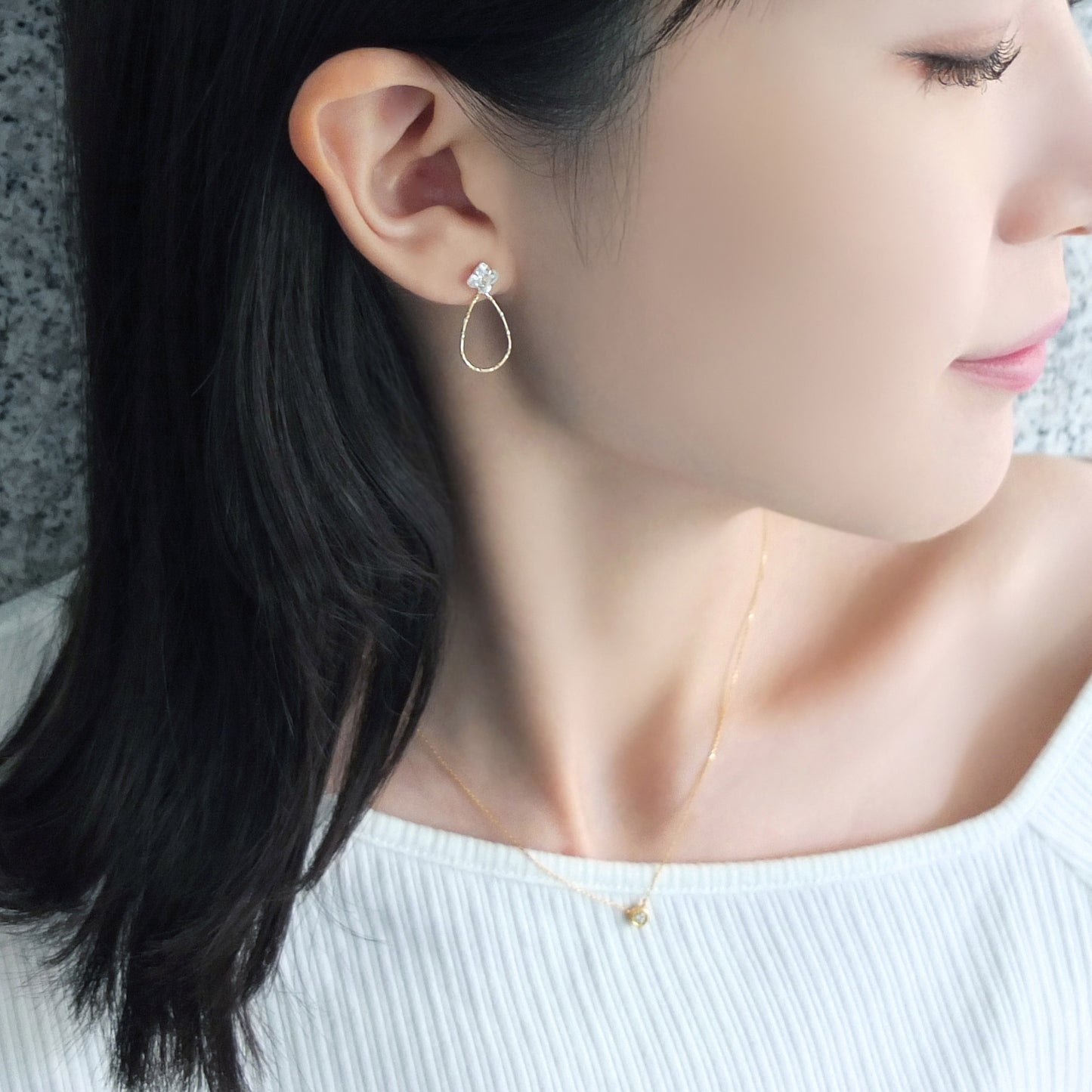 18K / 10K Yellow Gold Cubic Zirconia Flower Drop Earrings - Model Image