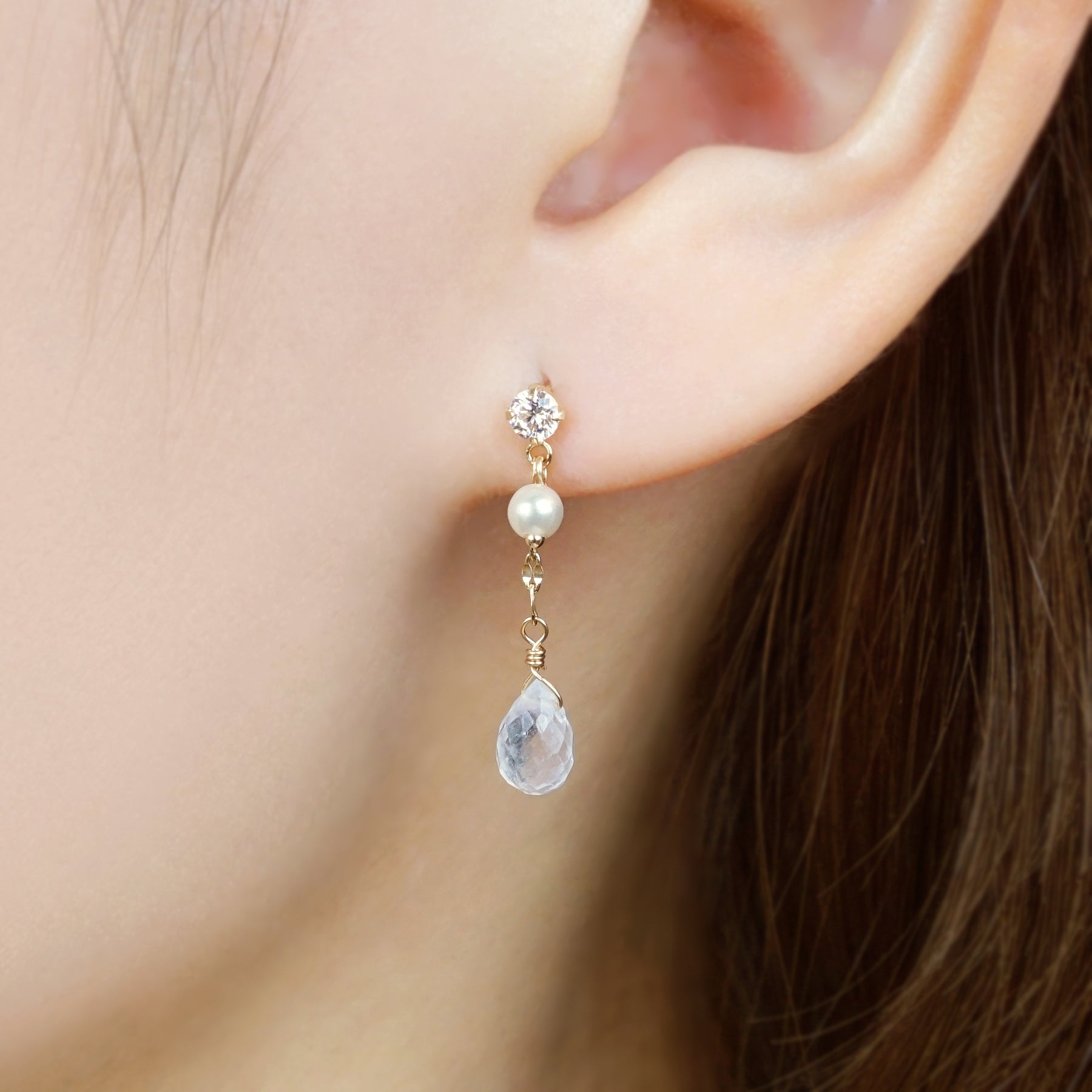 18K/10K Blue Moonstone Dew Drop Swinging Earrings (Yellow Gold) - Model Image