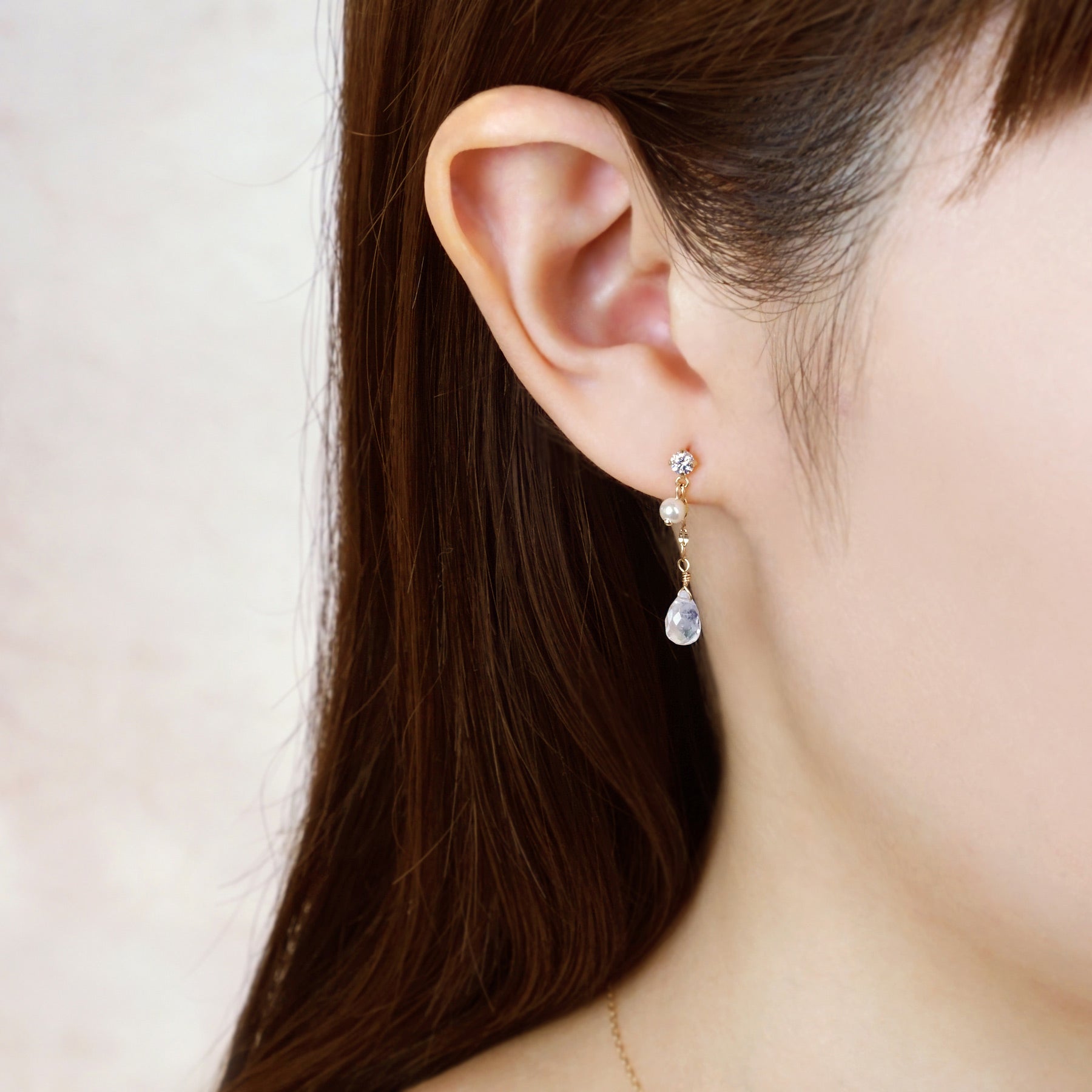 18K/10K Blue Moonstone Dew Drop Swinging Earrings (Yellow Gold) - Model Image