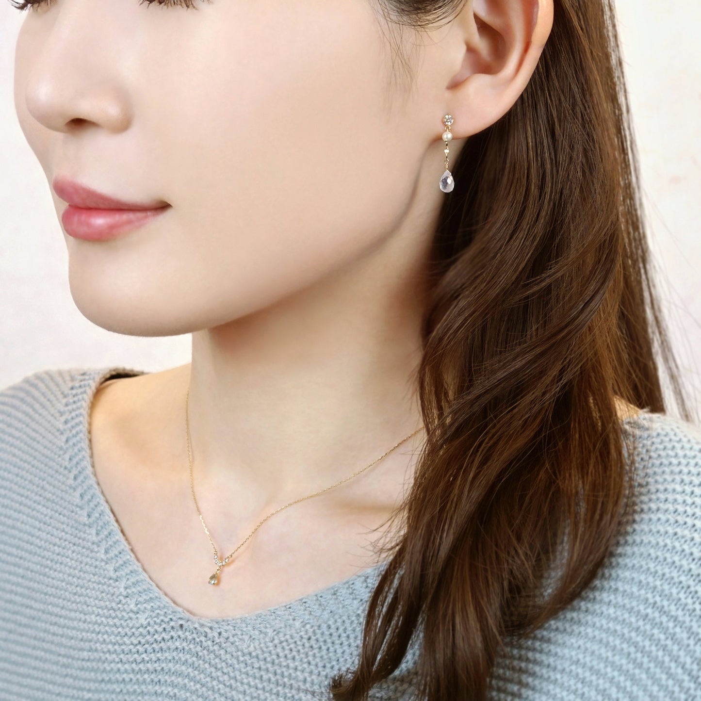 18K/10K Blue Moonstone Dew Drop Swinging Earrings (Yellow Gold) - Model Image