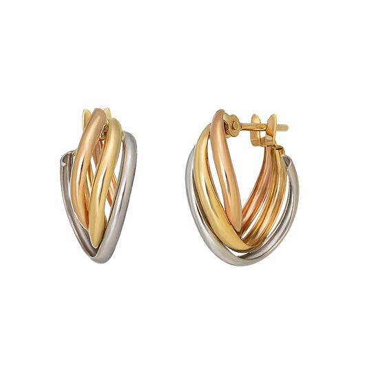 High-Quality Tri-Color Wave Hoop Earrings (Platinum / 18K Yellow Gold / 18K Rose Gold) - Product Image