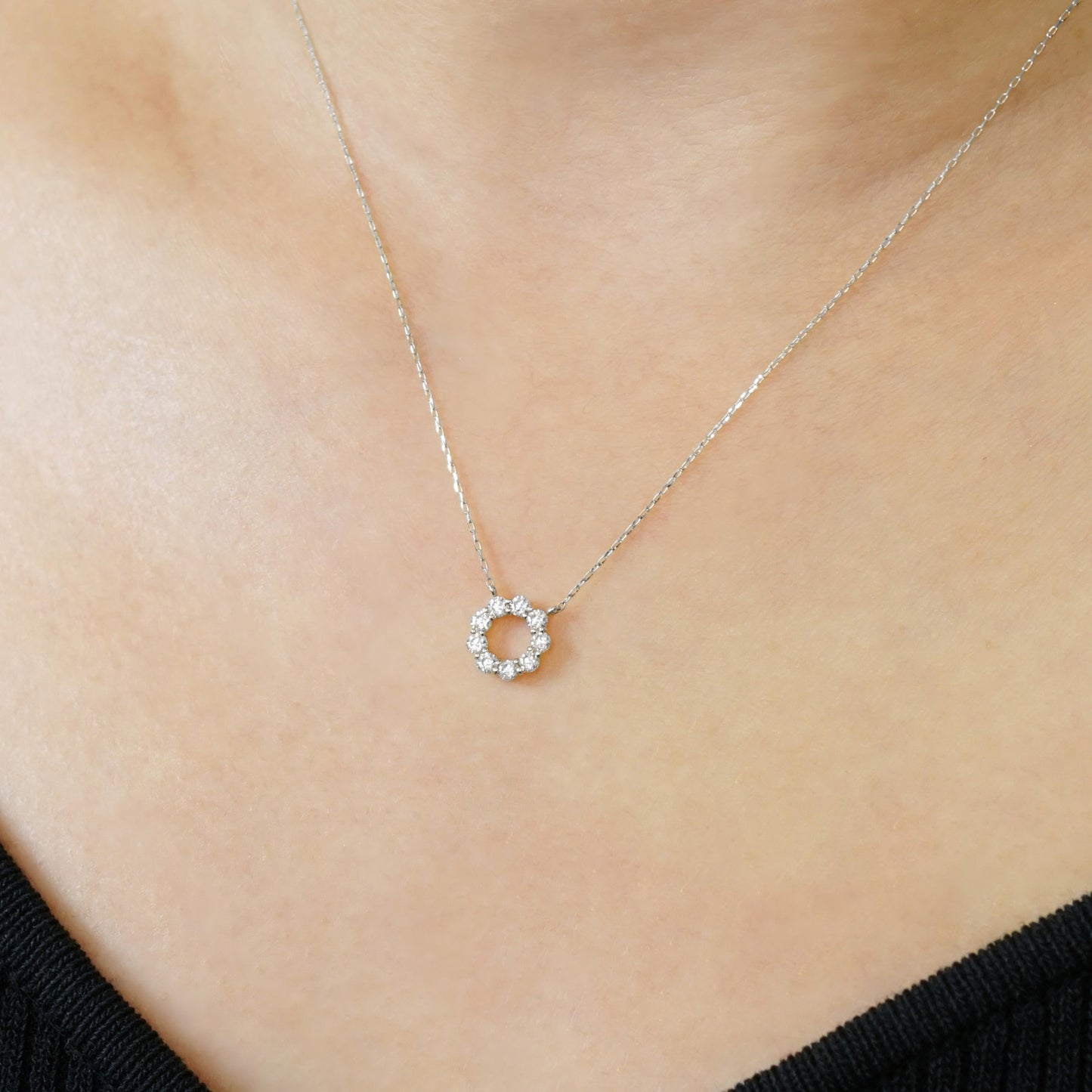 10K Moissanite Circle Flower Necklace (White Gold) - Model Image