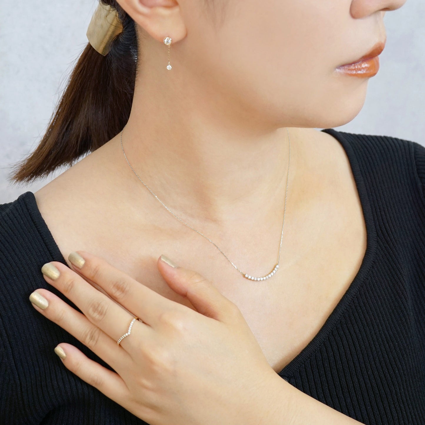 10K Moissanite Melee Decollete Line Necklace (White Gold) - Model Image