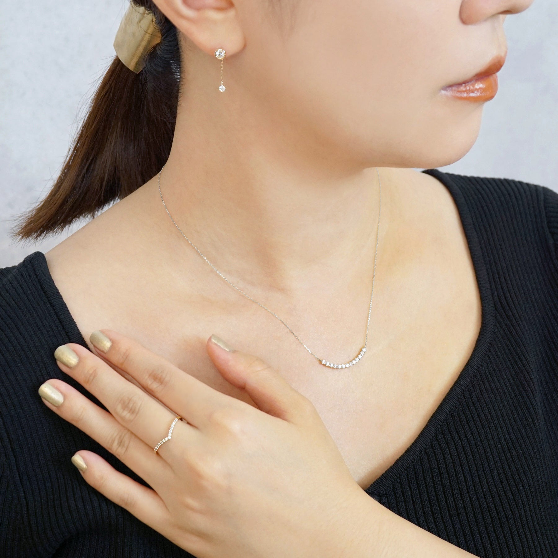 10K Moissanite Melee Decollete Line Necklace (White Gold) - Model Image