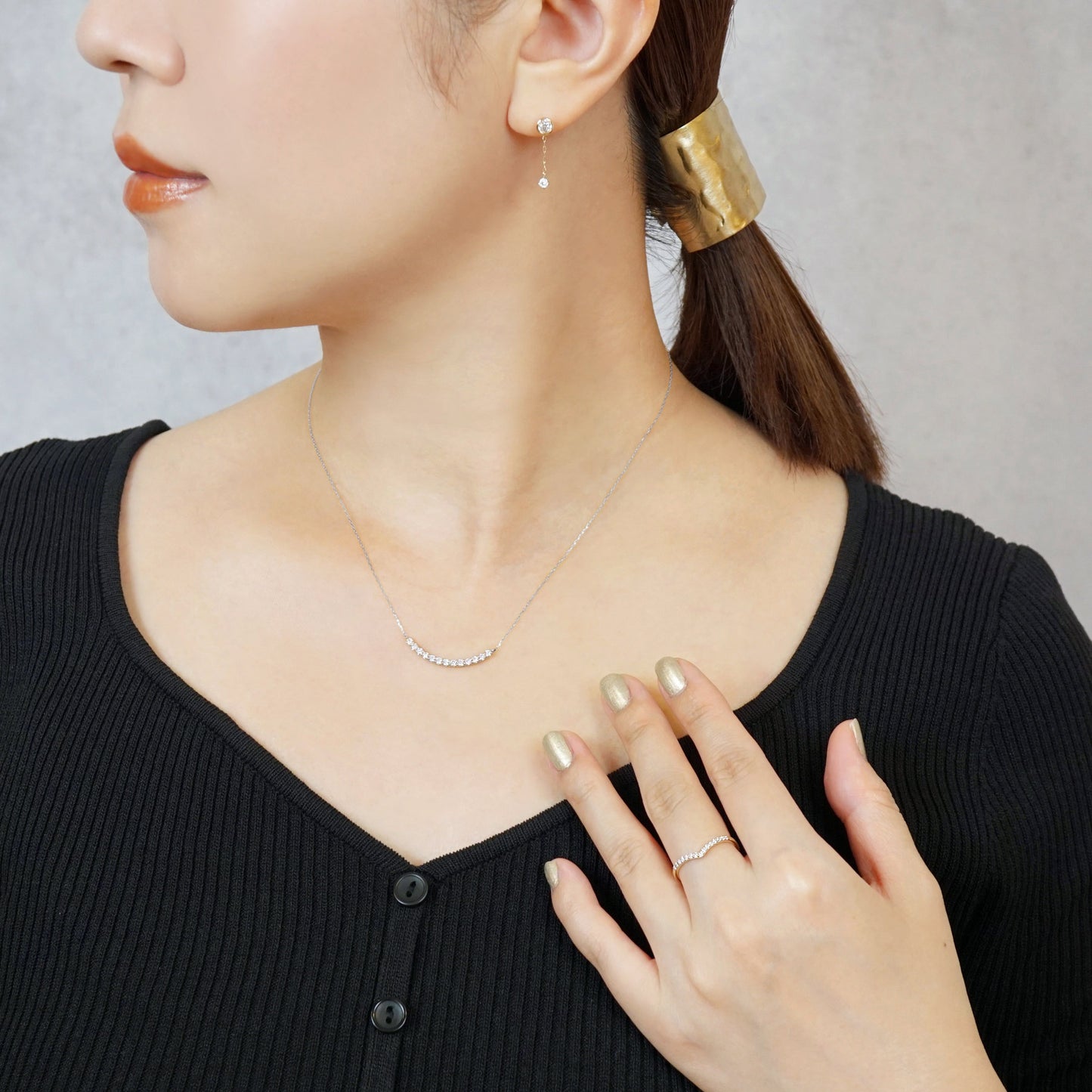 10K Moissanite Melee Decollete Line Necklace (White Gold) - Model Image