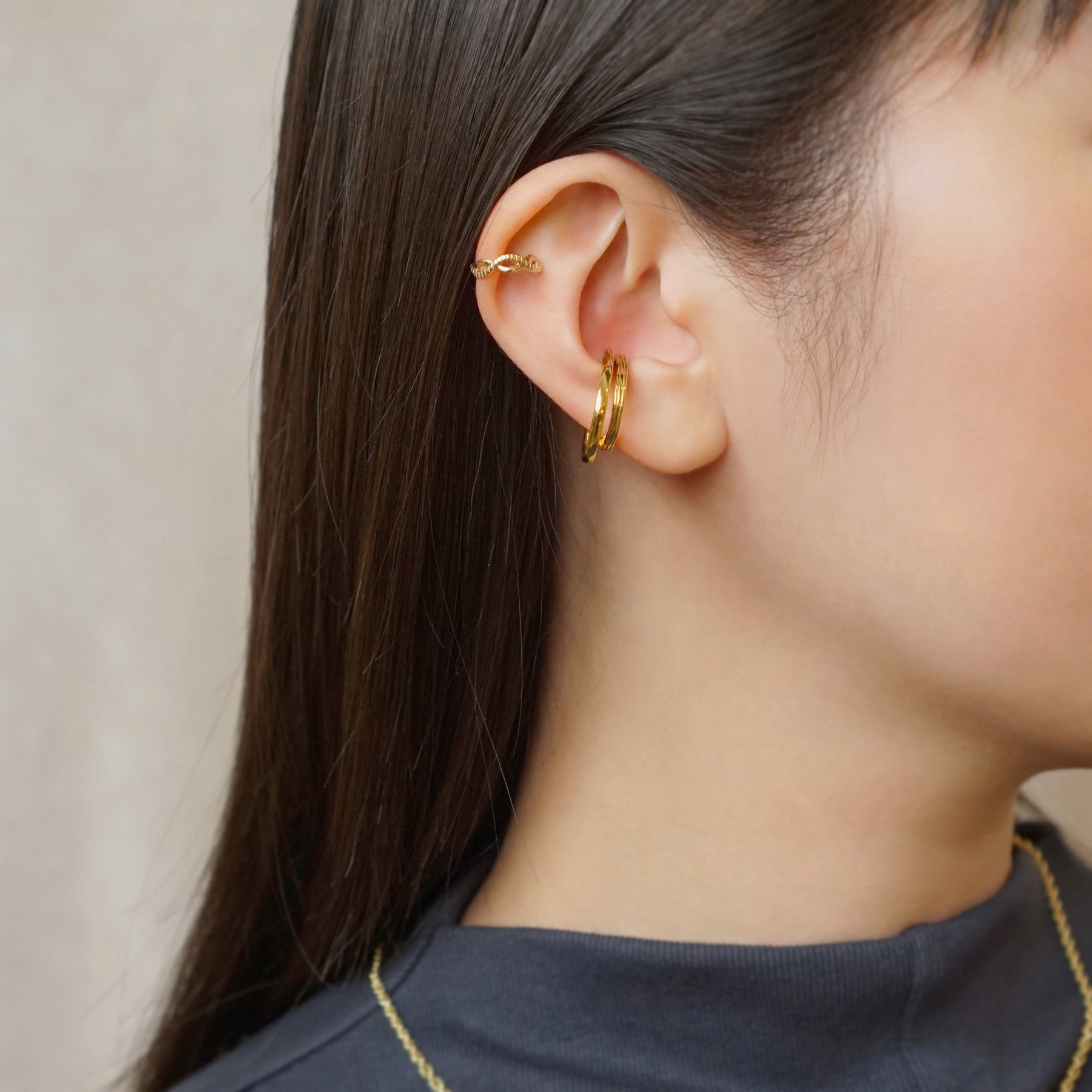 925 Sterling Silver Ear Cuff with Double Groove Twist - Model Image