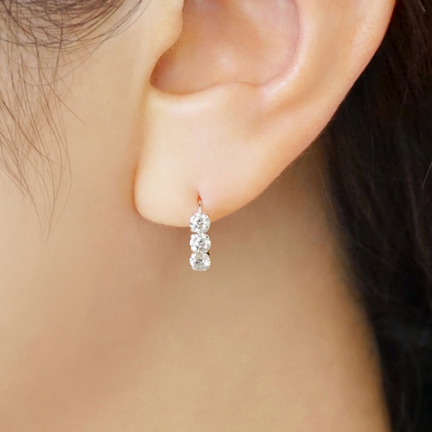 10K 3-Stone Wire Earrings (White Gold) - Model Image