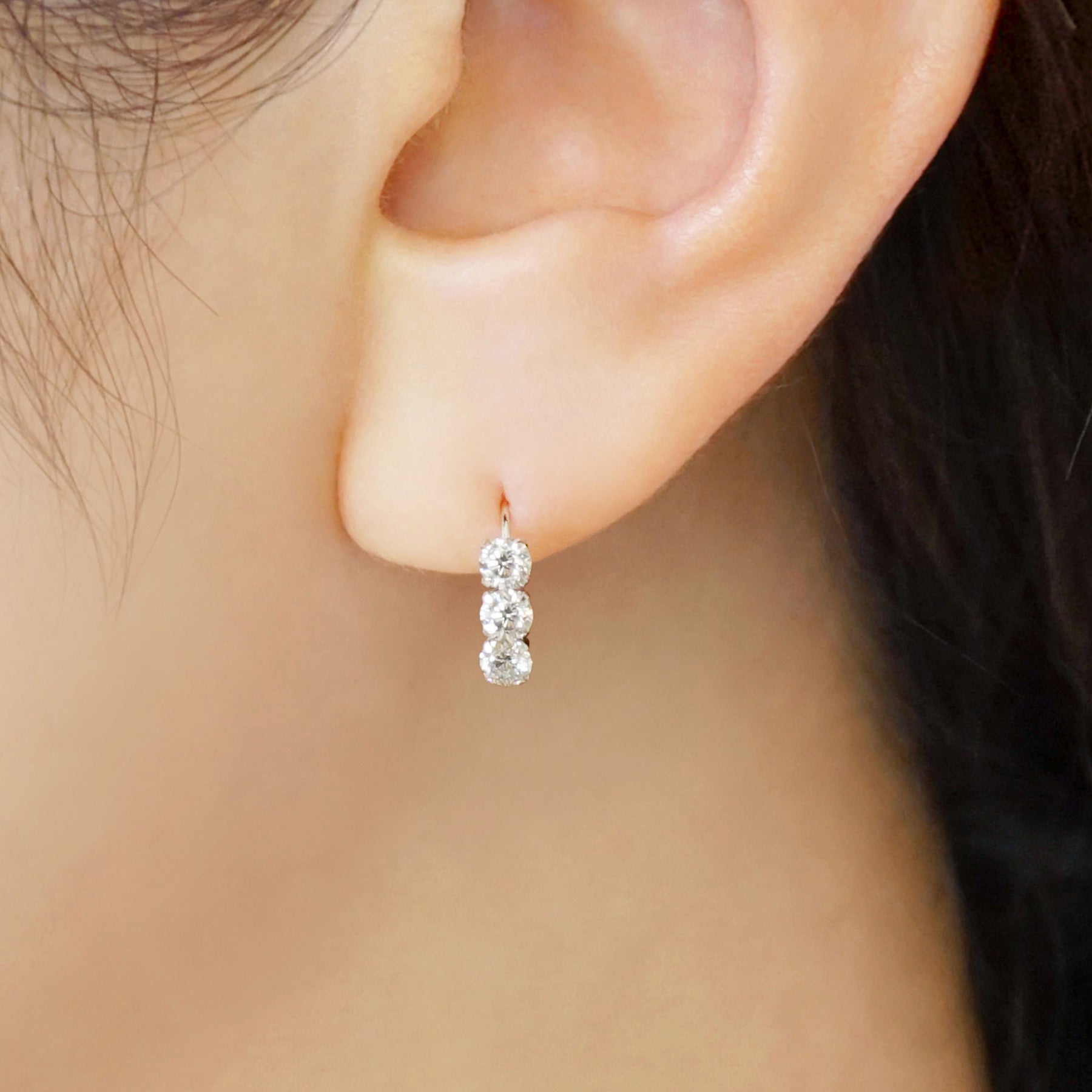 10K 3-Stone Wire Earrings (White Gold) - Model Image