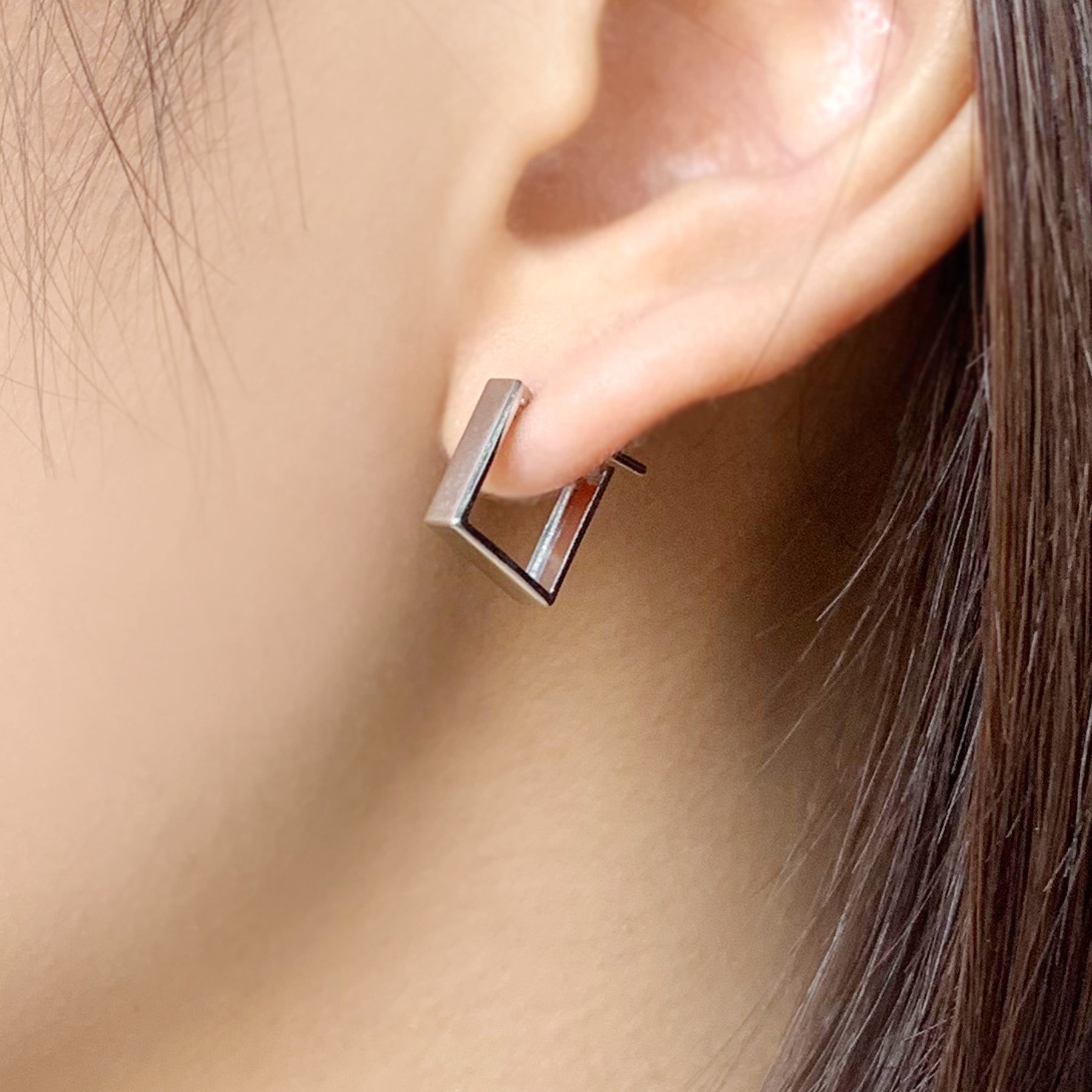 Platinum Square Hoop Earrings - Model Image