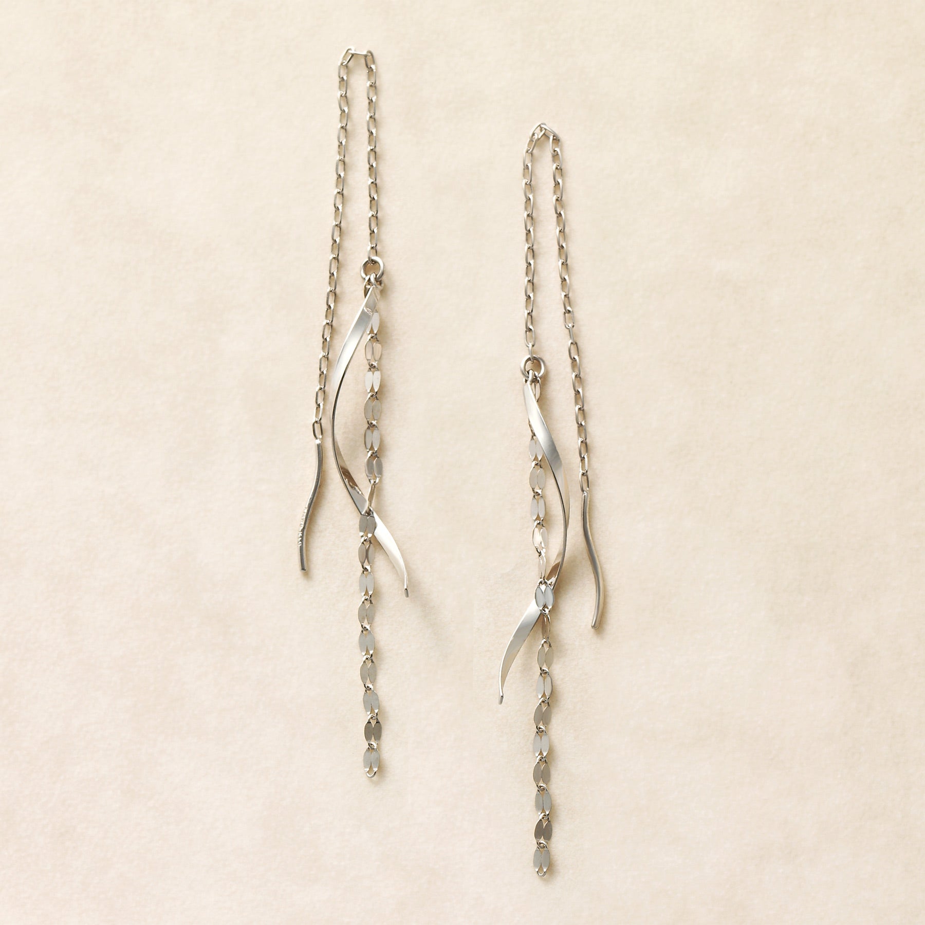 14K/10K White Gold Twisted Long Threader Earrings - Product Image