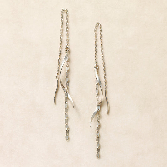 14K/10K White Gold Twisted Long Threader Earrings - Product Image
