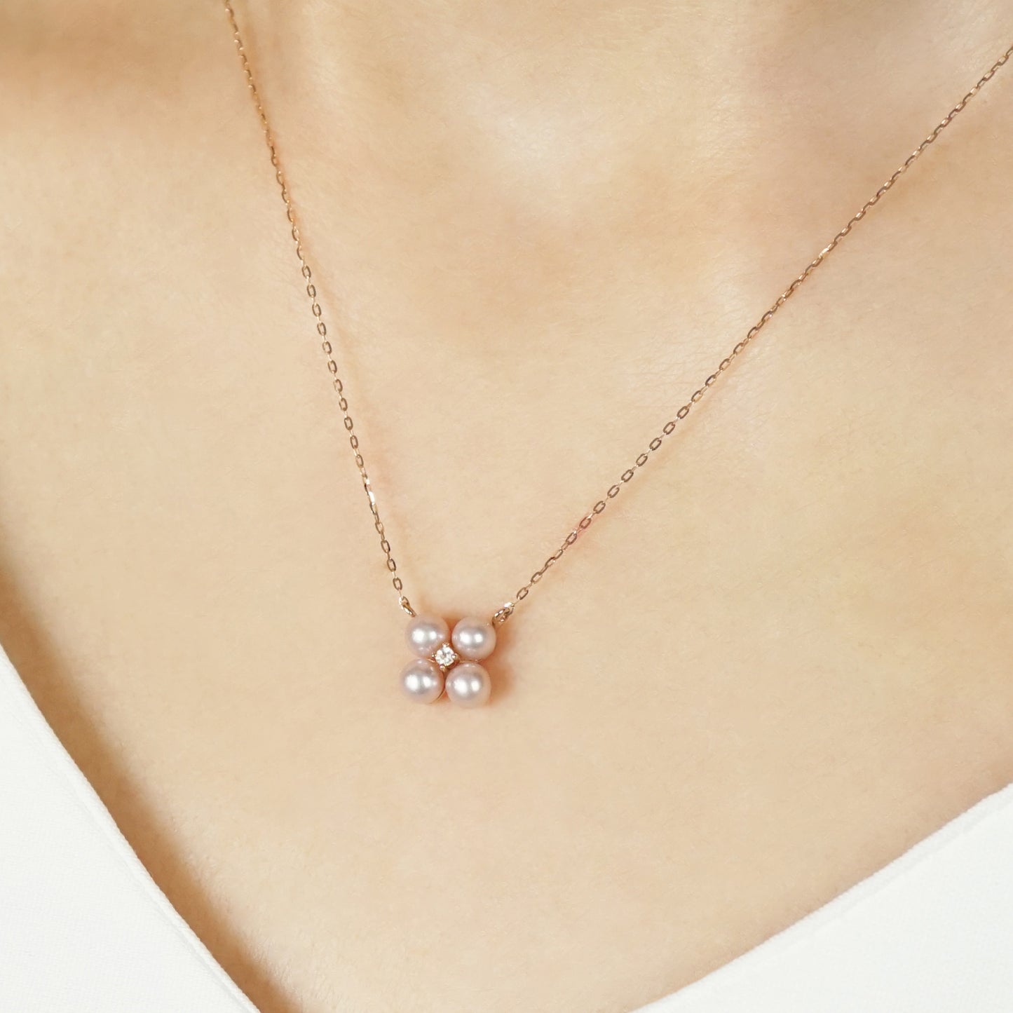 10K Pink Freshwater Pearl Clover Necklace (Rose Gold) - Model Image