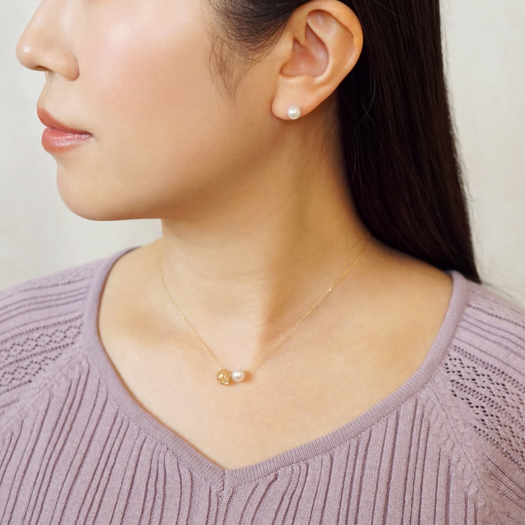 18K Freshwater Pearl Stud Earrings [6mm] (Yellow Gold) - Model Image
