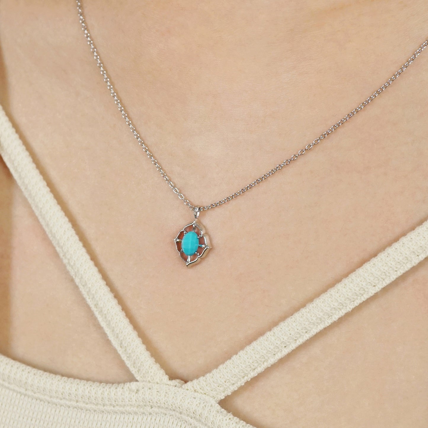 925 Sterling Silver Turquoise Necklace (Rhodium Plated) - Model Image