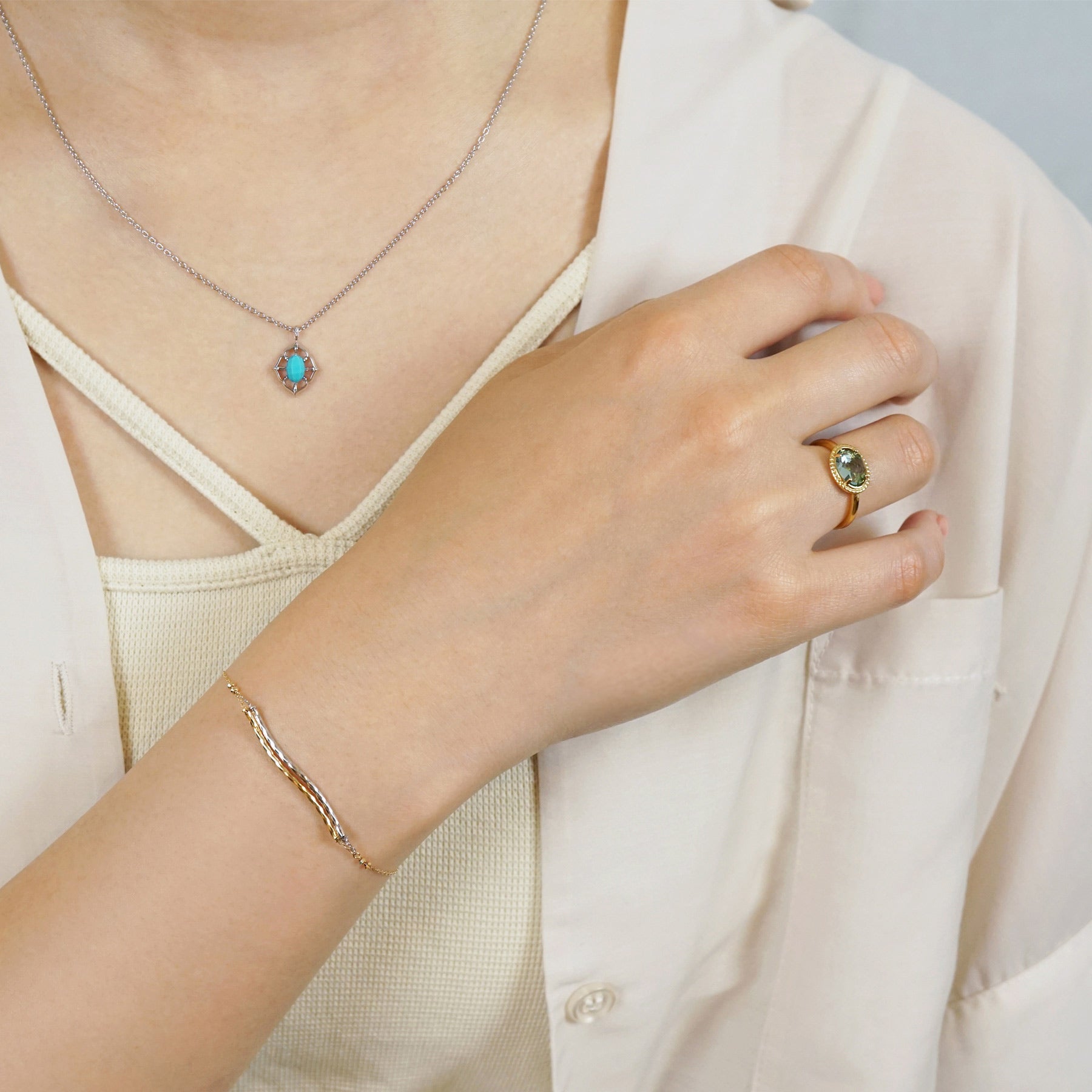 925 Sterling Silver Turquoise Necklace (Rhodium Plated) - Model Image