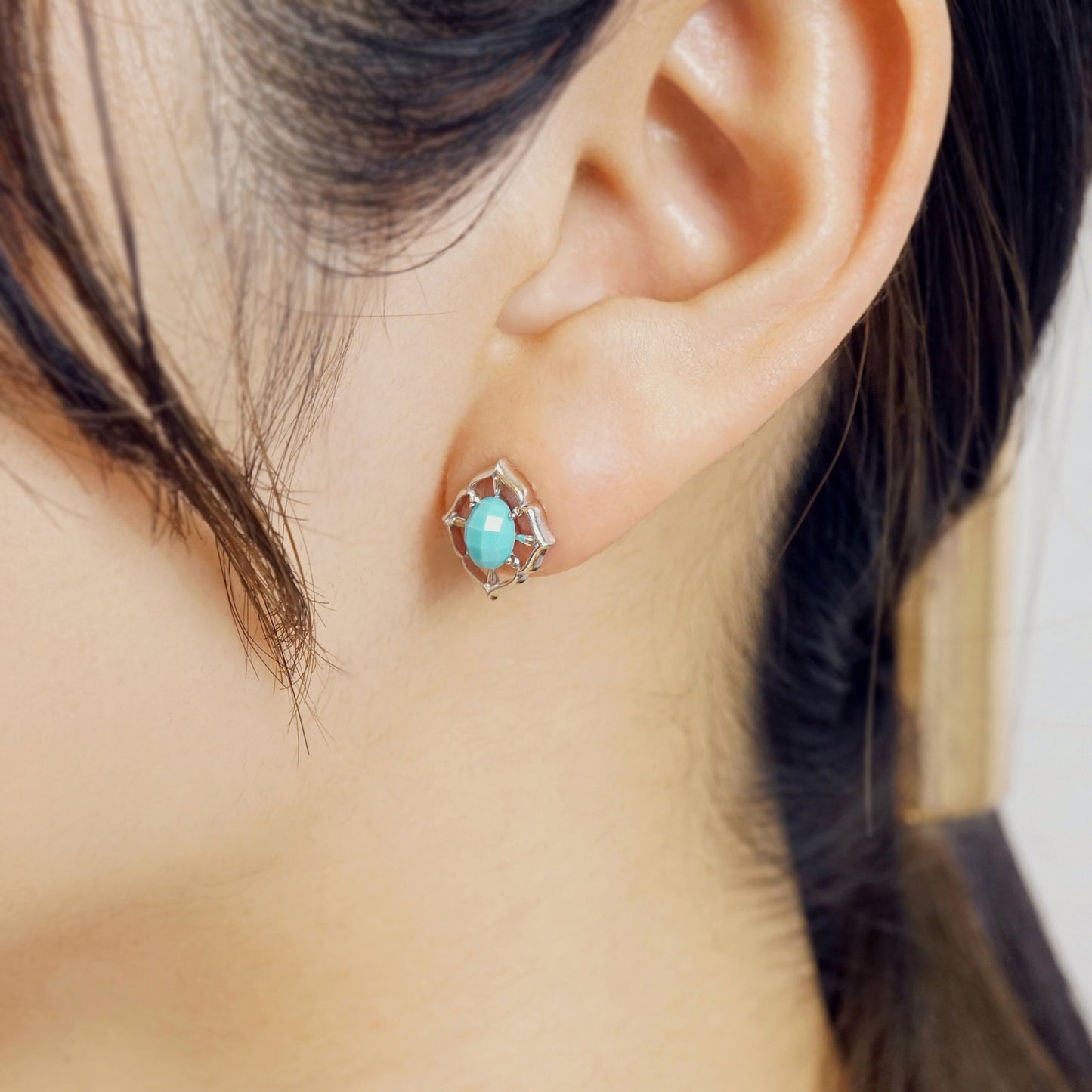 10K/SV Turquoise Earrings (Rhodium Plated) - Model Image