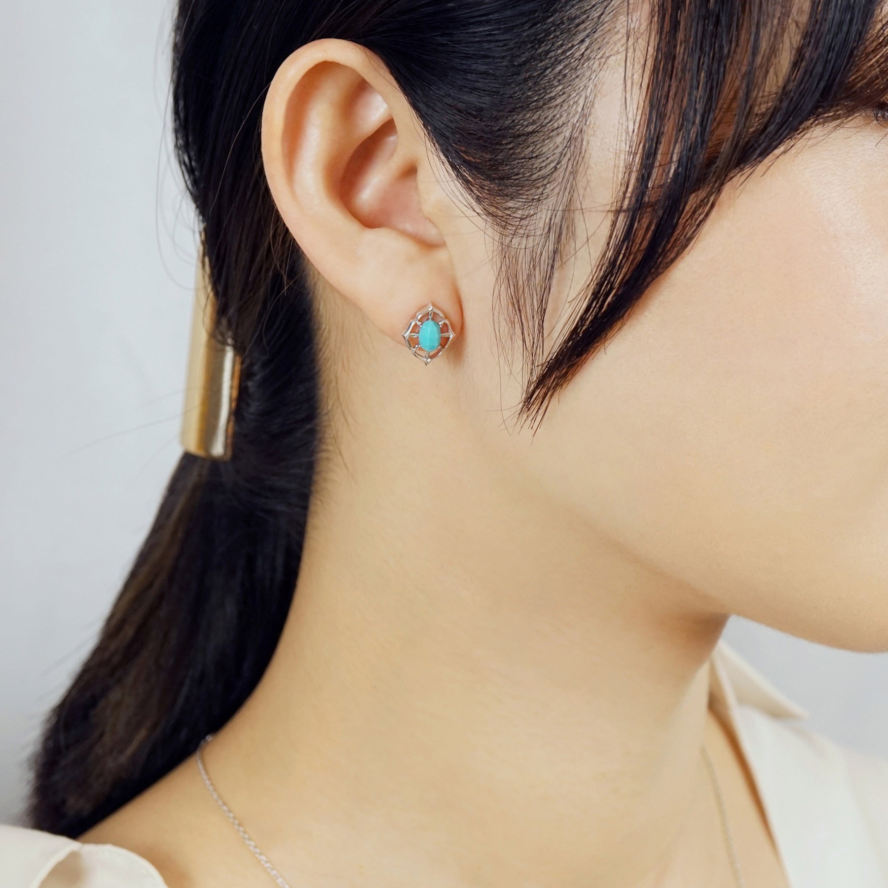 10K/SV Turquoise Earrings (Rhodium Plated) - Model Image