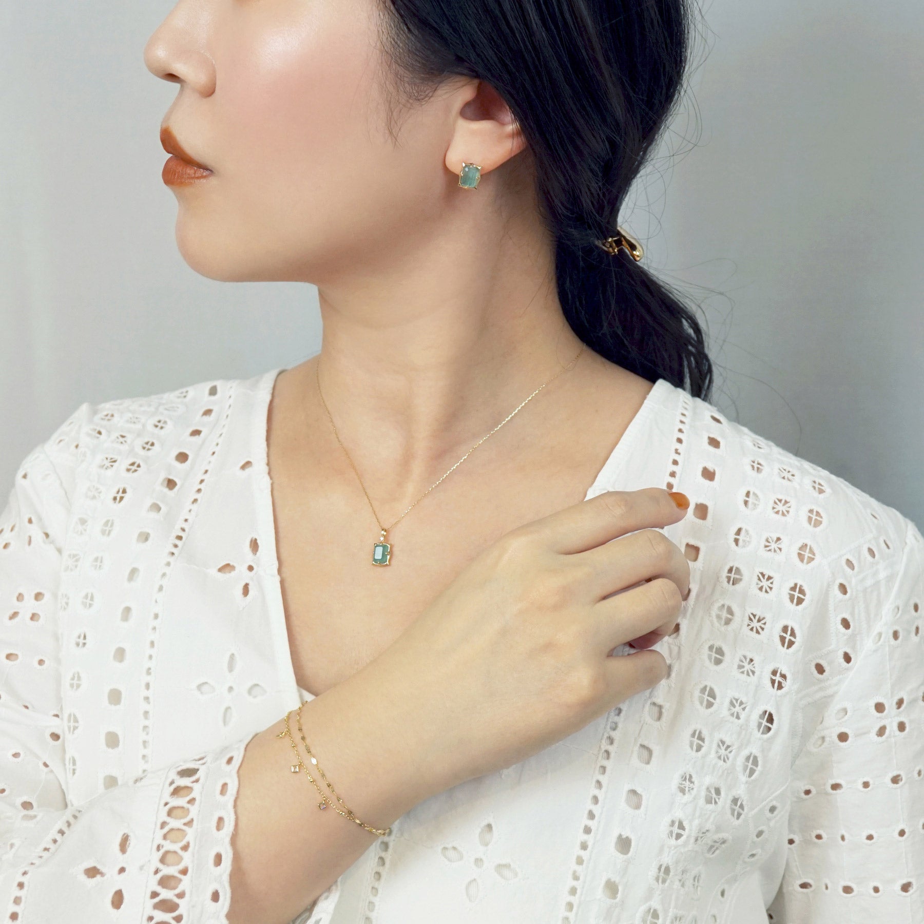 18K/10K Amazonite x Green Quartz Earrings [Medallion] (Yellow Gold) - Model Image