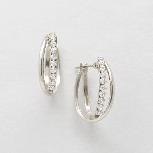 14K/10K Cubic Zirconia Oval Hoop Earrings (White Gold) - Product Image