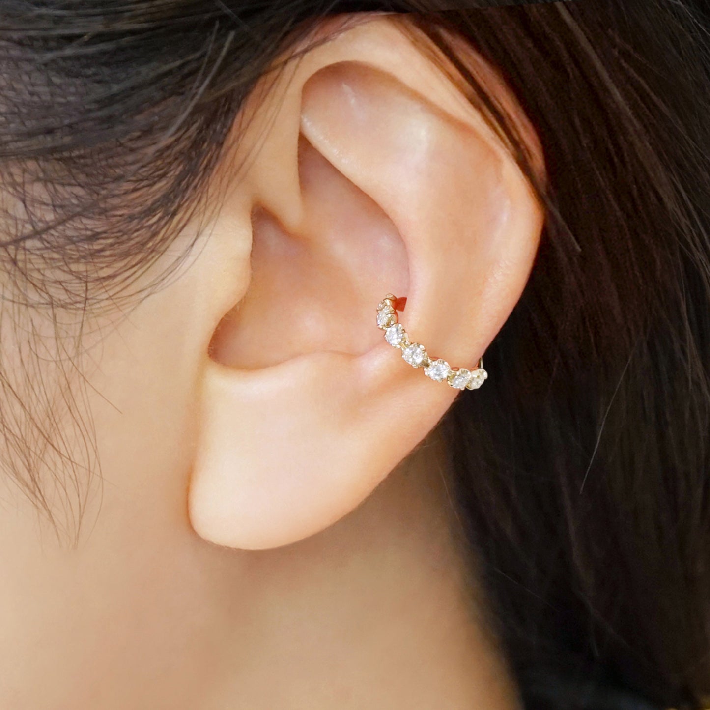 10K Moissanite Radiant Ear Cuff (Yellow Gold) - Model Image