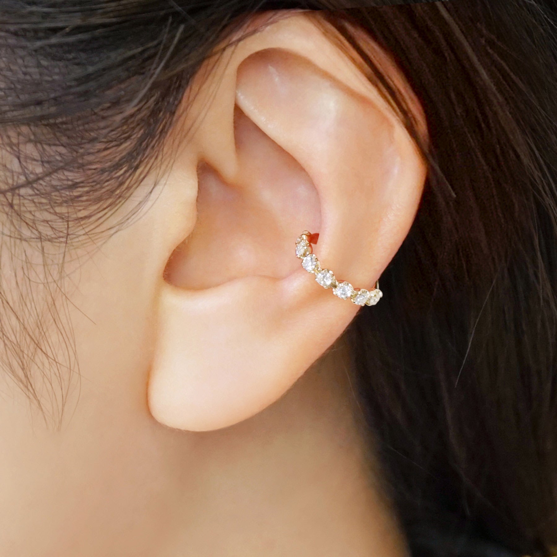 10K Moissanite Radiant Ear Cuff (Yellow Gold) - Model Image