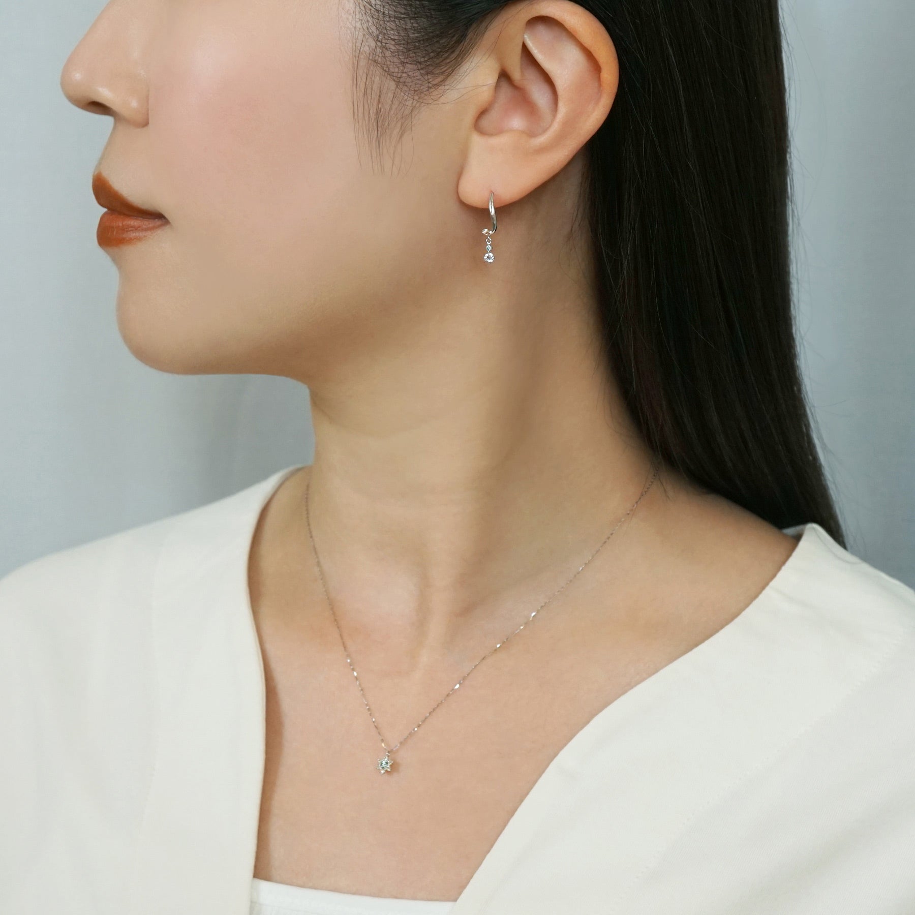 14K Twisted Line Diamond Earrings (White Gold) - Model Image