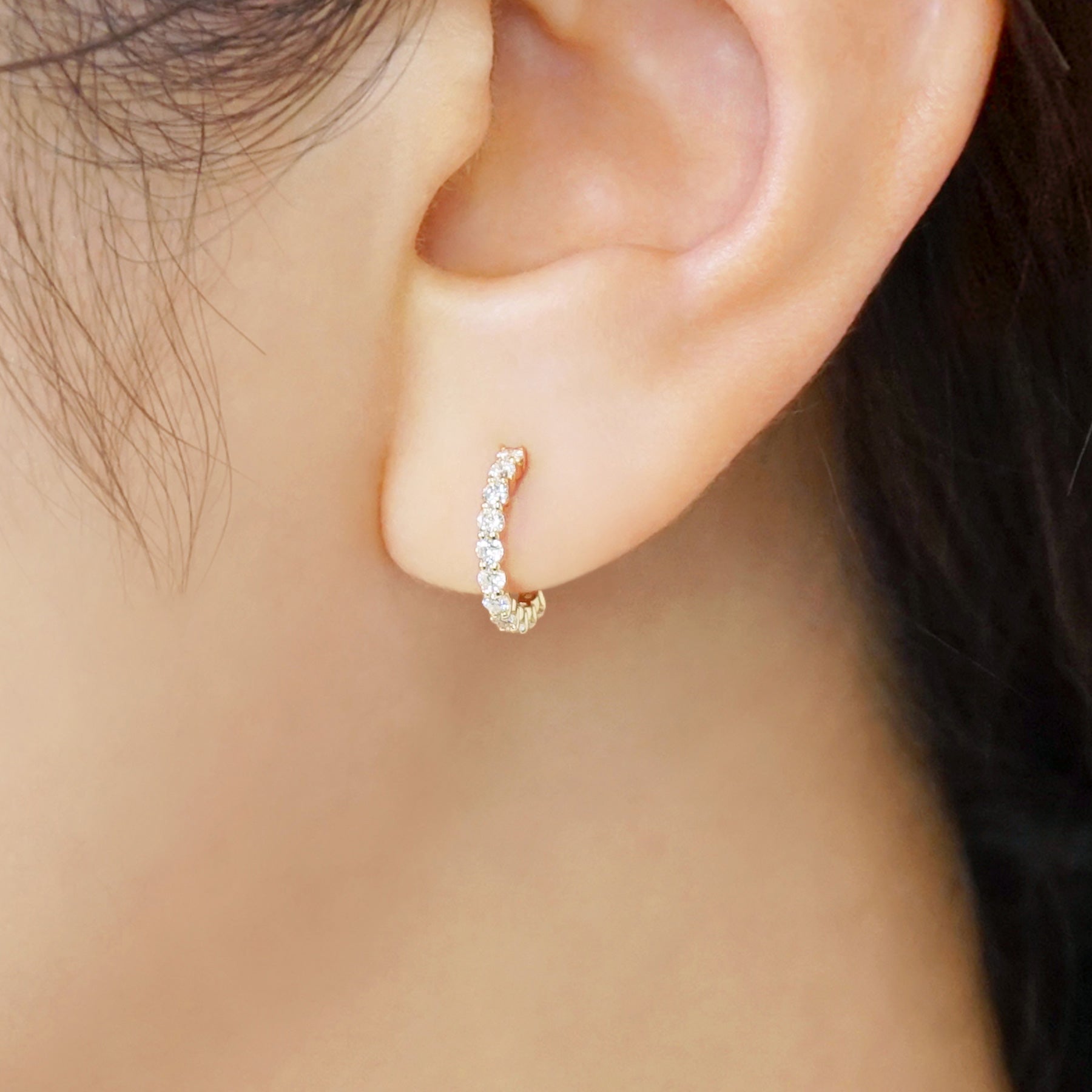 10K Moissanite Melee Hoop Clip-On Earrings (Yellow Gold) - Model Image