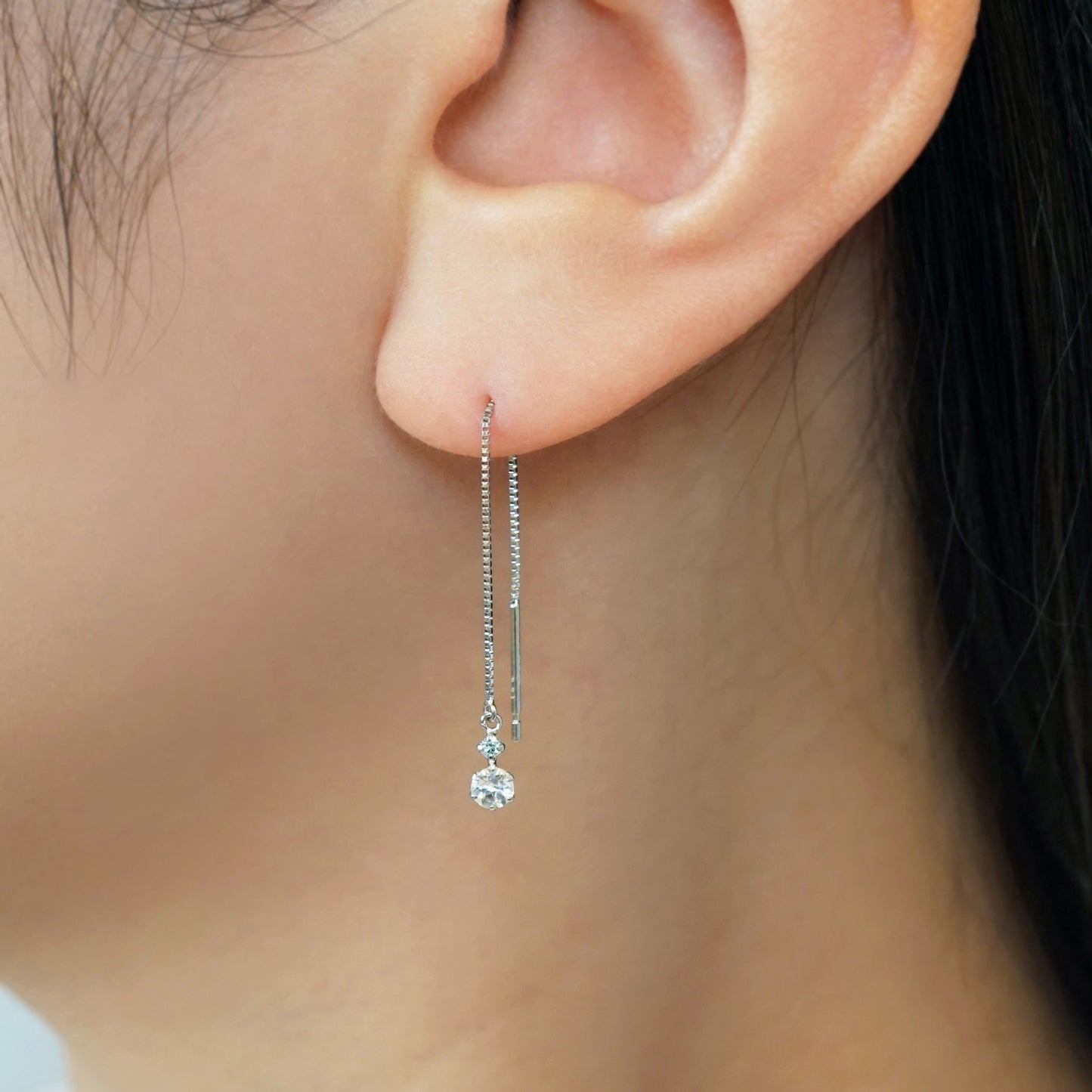 14K 6-Prong 2-Stone Diamond Threader Earrings (White Gold) - Model Image