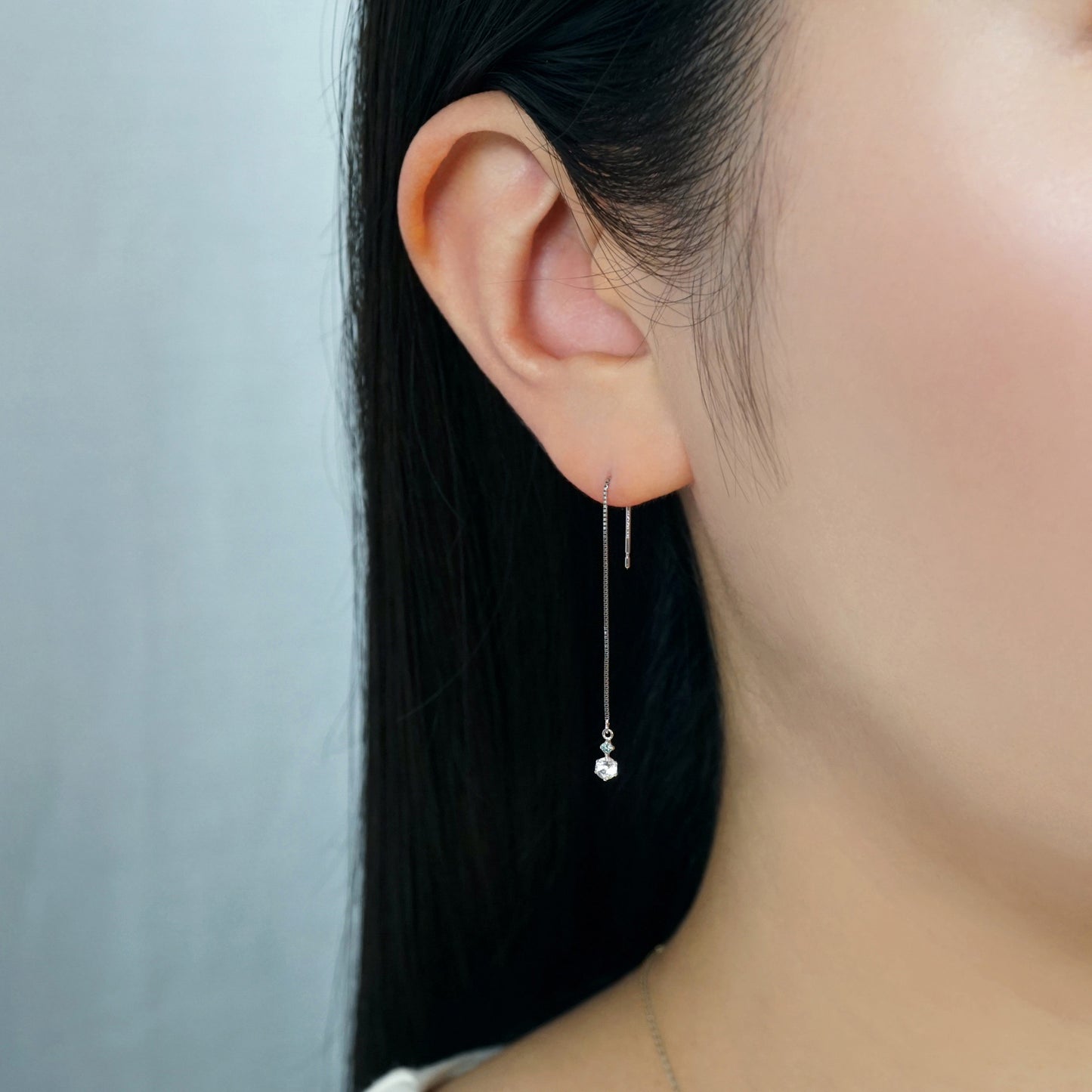 14K 6-Prong 2-Stone Diamond Threader Earrings (White Gold) - Model Image