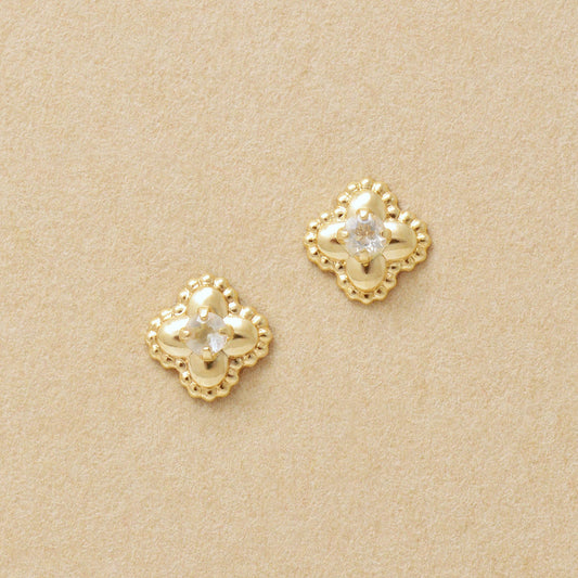 18K/10K Moonstone Milgrain Flower Stud Earrings (Yellow Gold) - Product Image