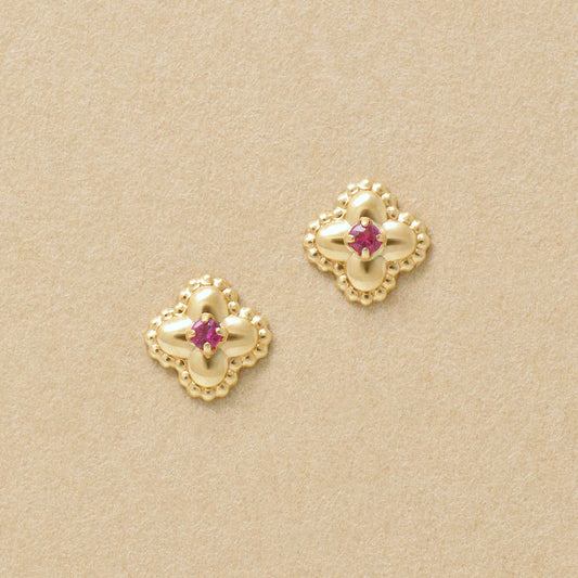 18K/10K Ruby Milgrain Flower Stud Earrings (Yellow Gold) - Product Image